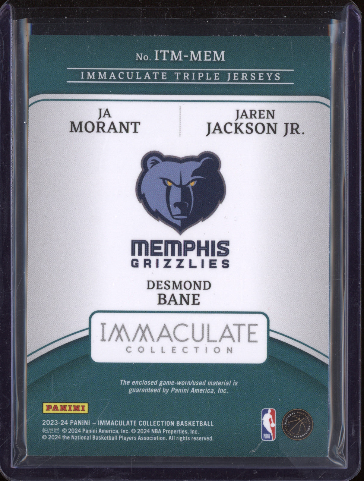 2023-24 Panini Immaculate Ja Morant Jaren Jackson Jr. Bane Triple Jersey /99