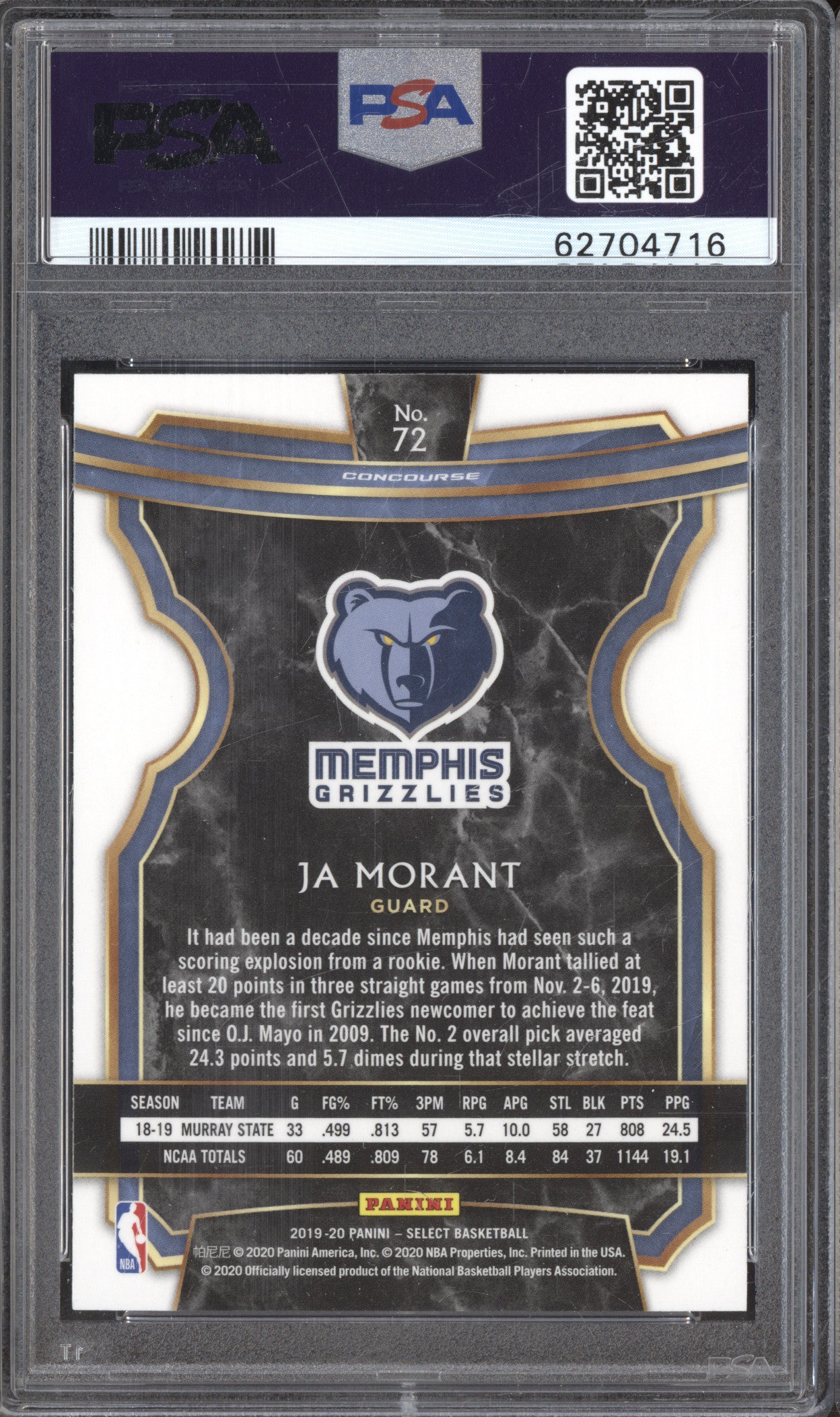 Ja Morant 2019-20 Panini Select 72 RC PSA 10