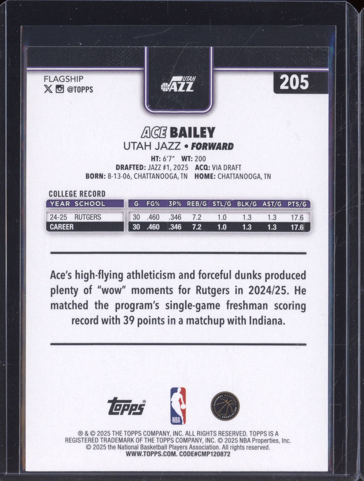 2025 NBA Basketball Topps 205 Ace Bailey Rookie RC