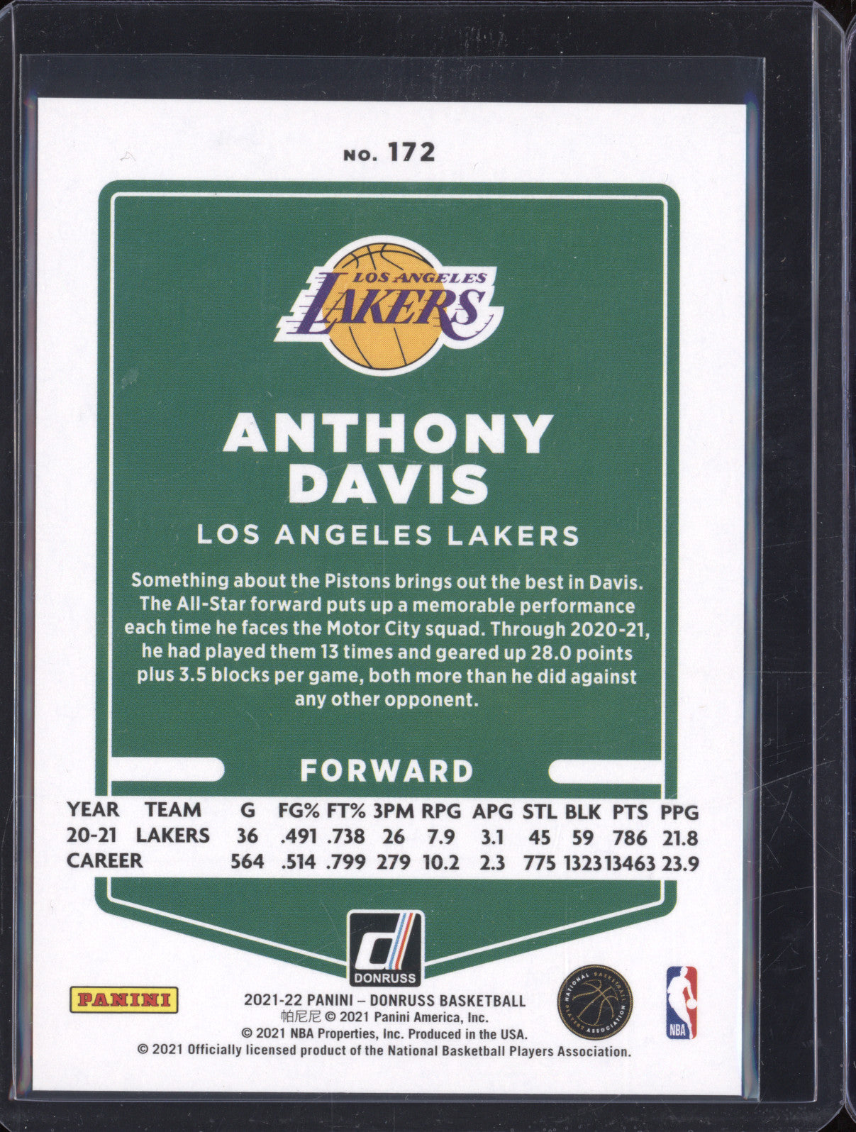 2021-22 Donruss 172 Anthony Davis Holo Blue Laser 26/49