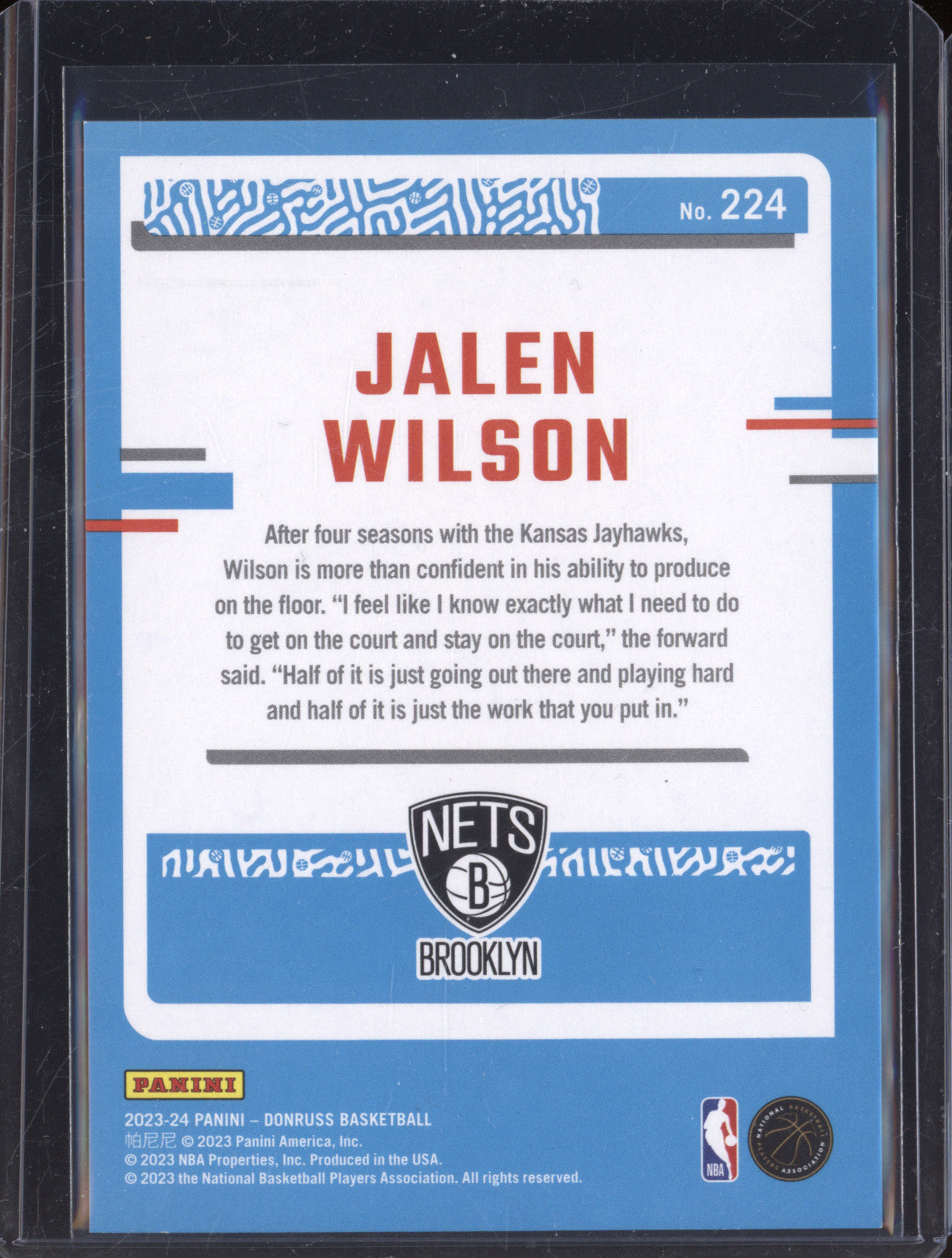 Jalen Wilson 2023-24 Panini Donruss 224 Holo Blue Laser RC 1/25