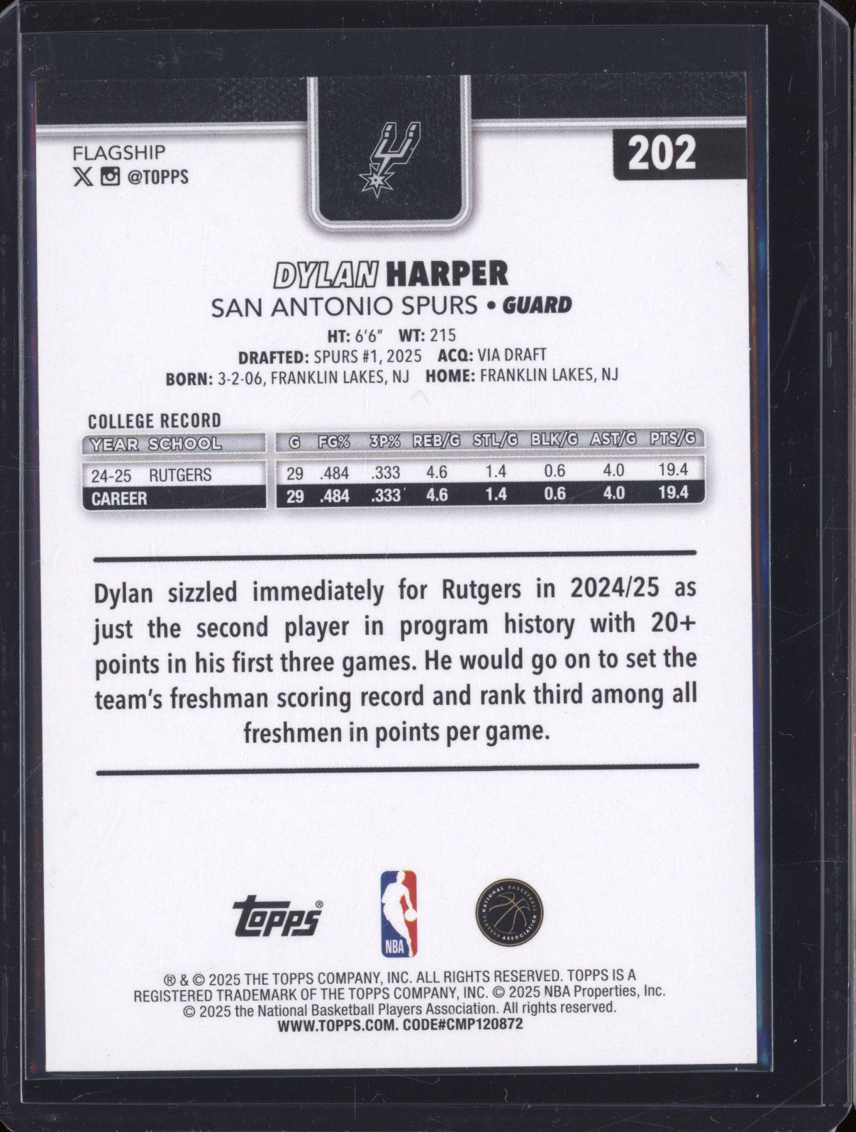 2025 NBA Basketball Topps 202 Dylan Harper Rookie RC