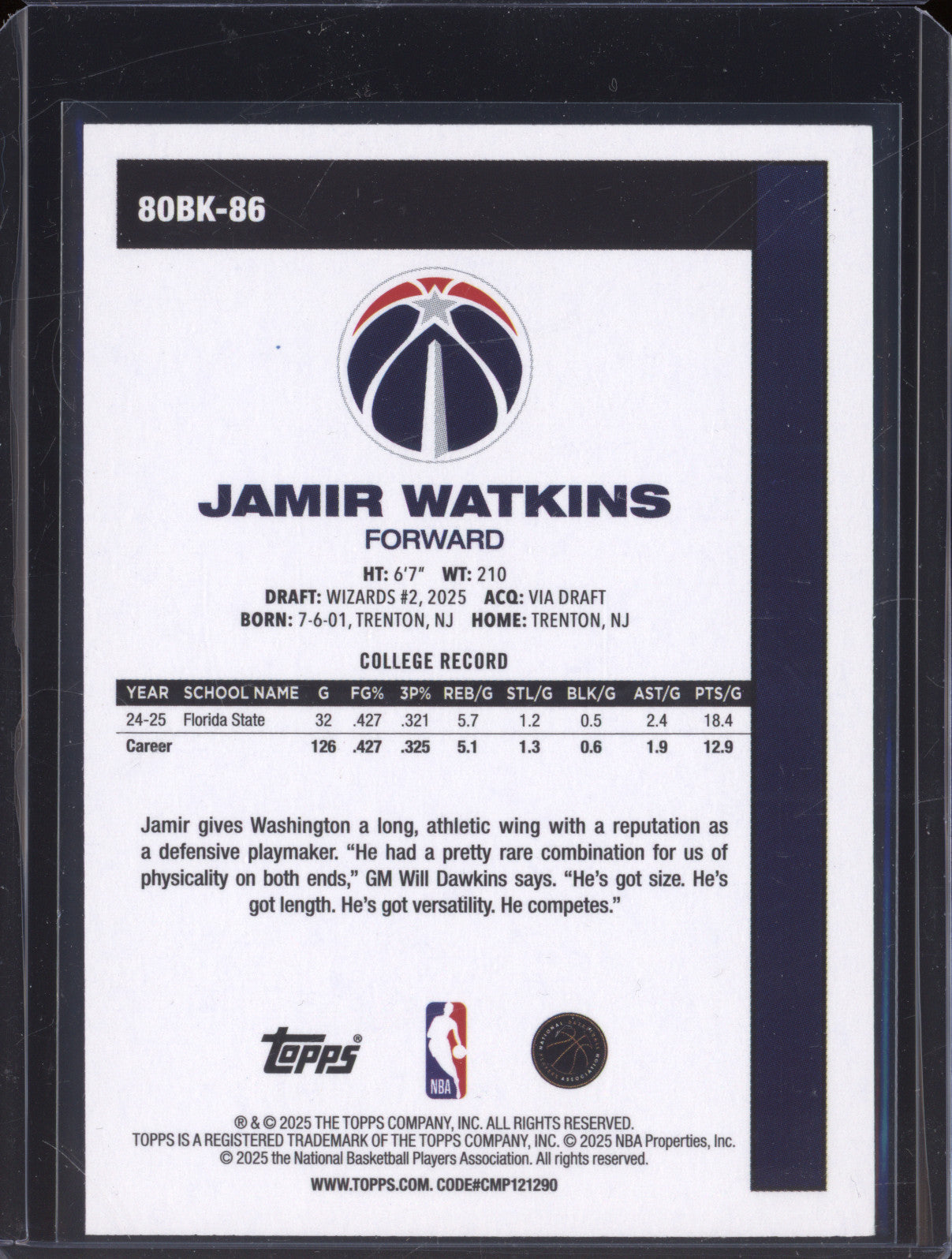 2025 NBA Basketball Topps 80BK-86 Jamir Watkins Pink Holo Foil Rookie RC