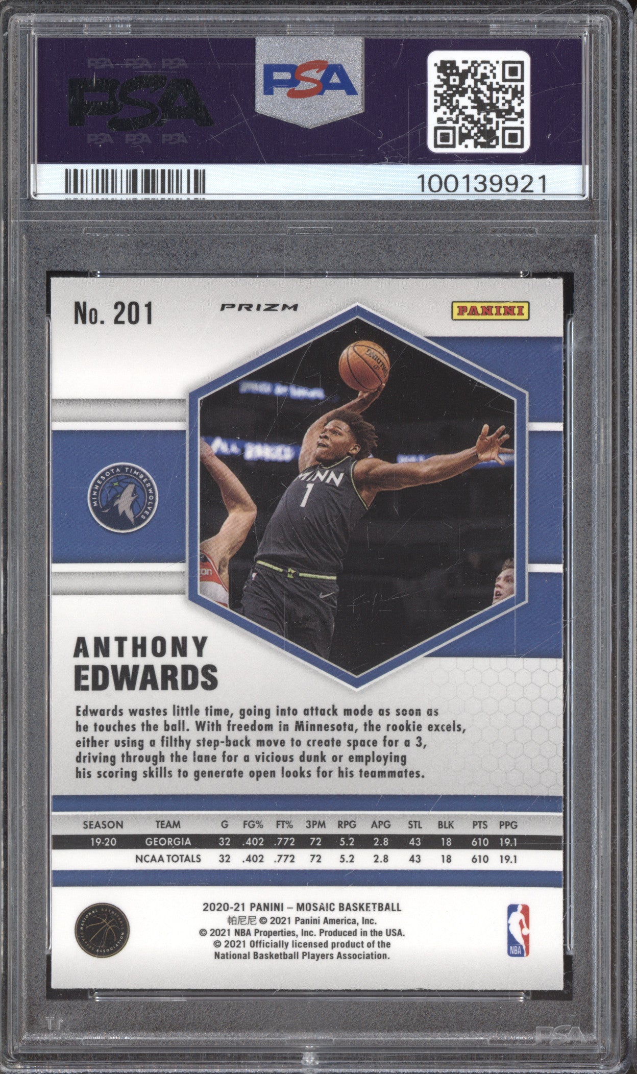 Anthony Edwards 2020-21 Panini Mosaic 201 Camo Pink RC PSA 9