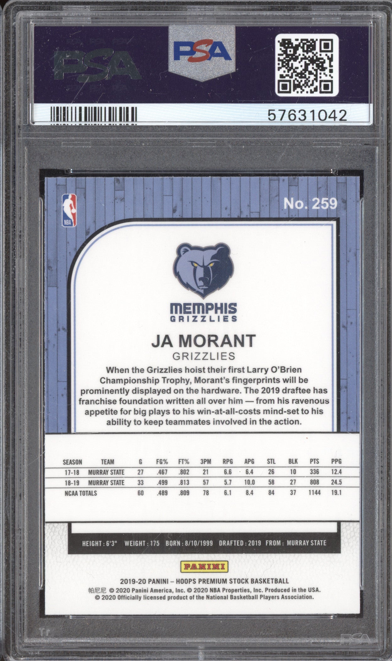 Ja Morant 2019-20 Panini Hoops Premium Stock 259 RC PSA 10
