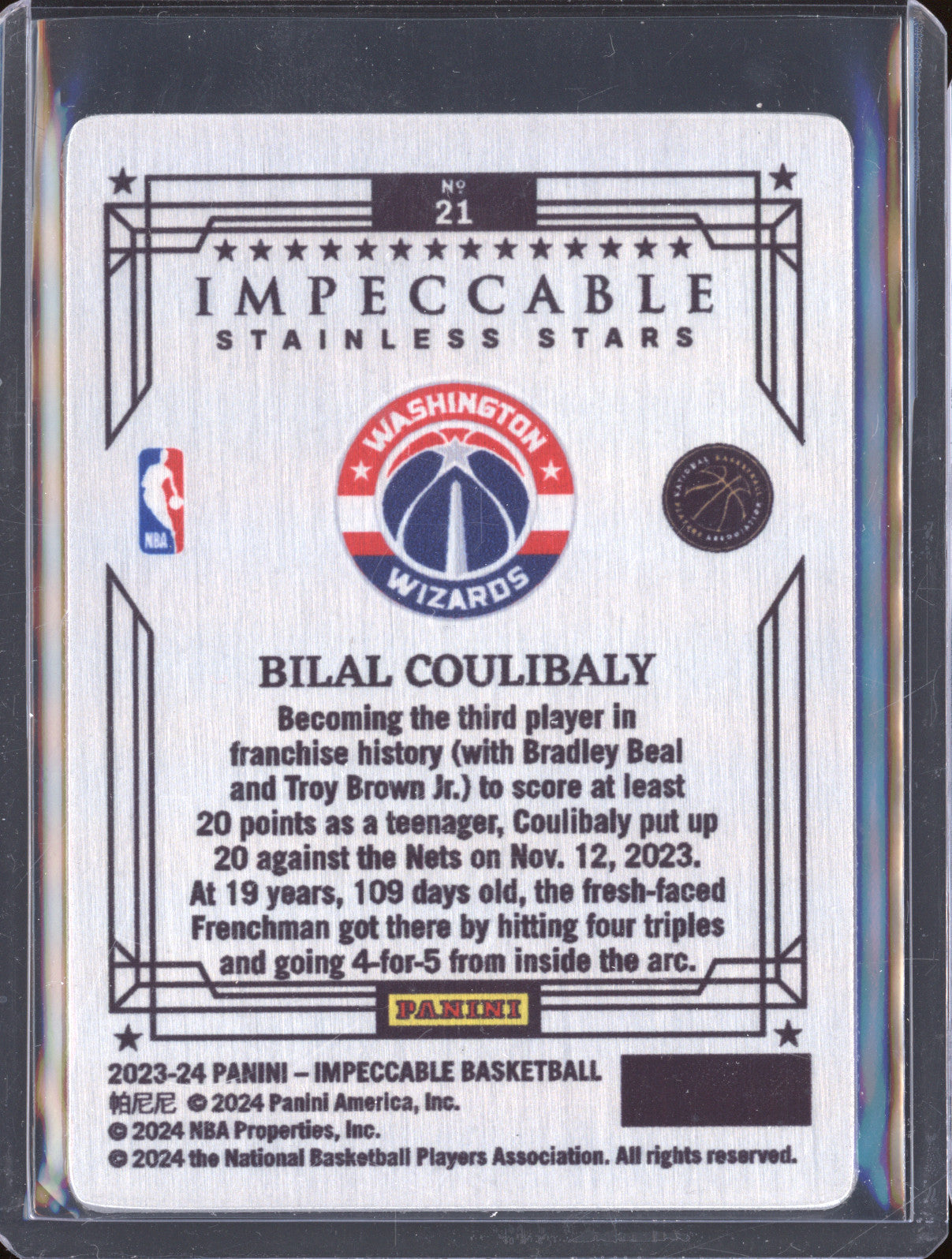 2023-24 Panini Impeccable 21 Bilal Coulibaly Stainless Stars RC