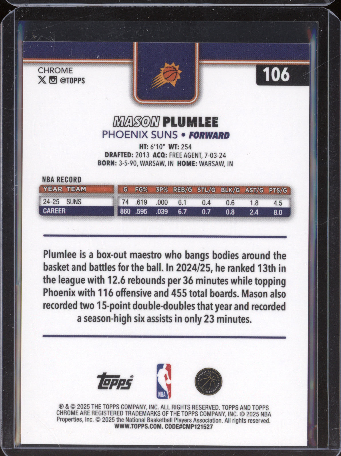 Mason Plumlee 2025-26 Topps Chrome 106 Refractors Orange Wave /25