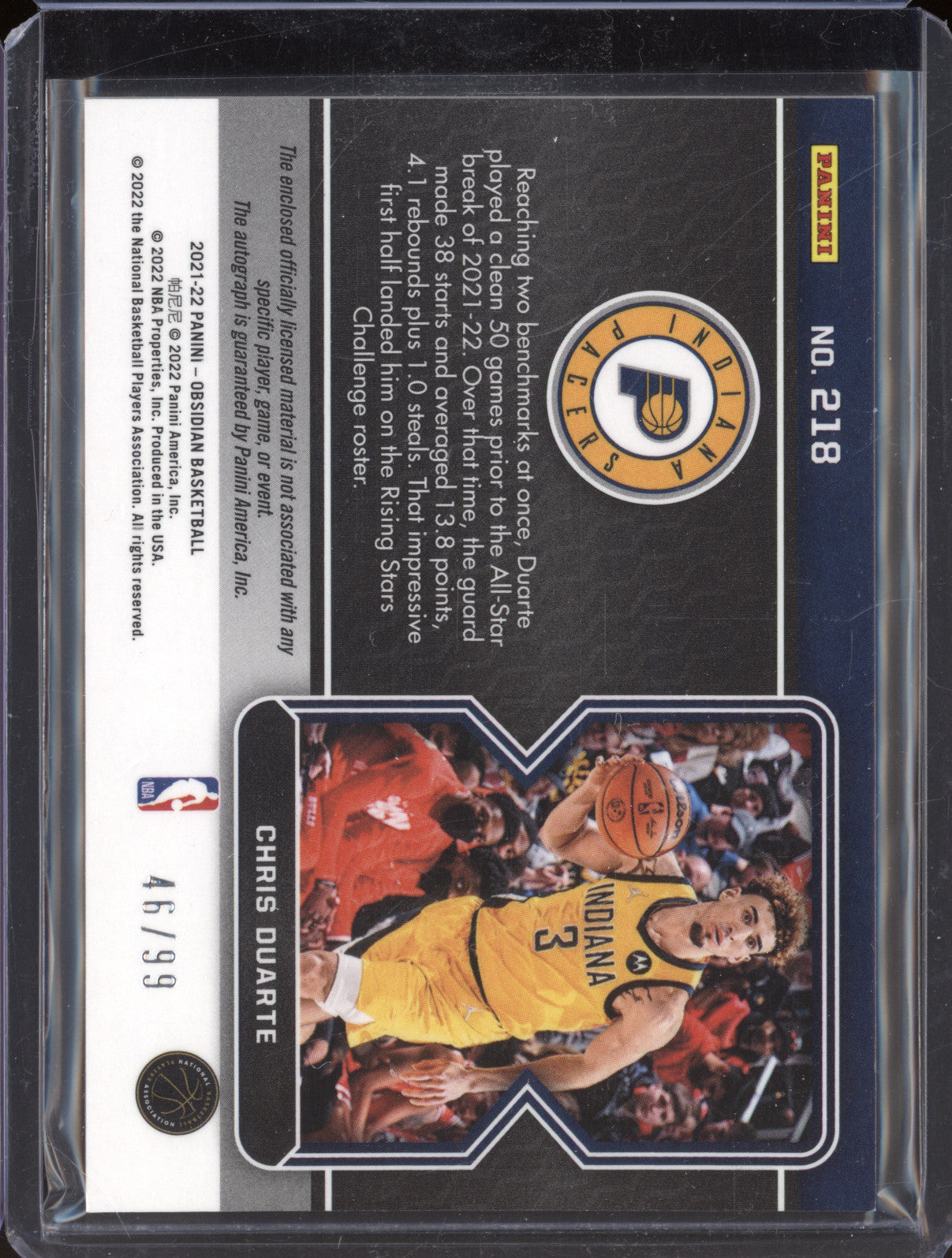 2021-22 Panini Obsidian 218 Chris Duarte Electric Etch RPA RC 46/99