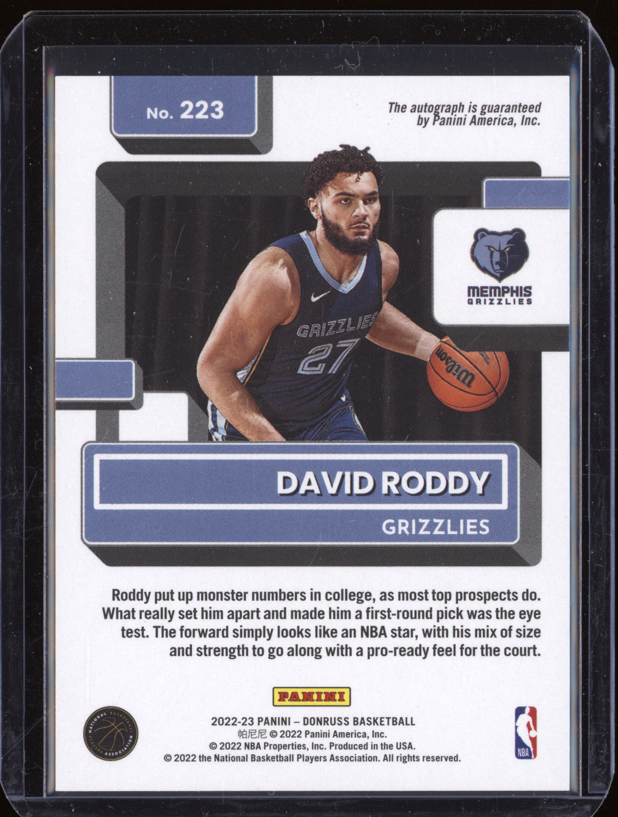 2022-23 Panini Donruss 223 David Roddy Rated Rookie Auto RC