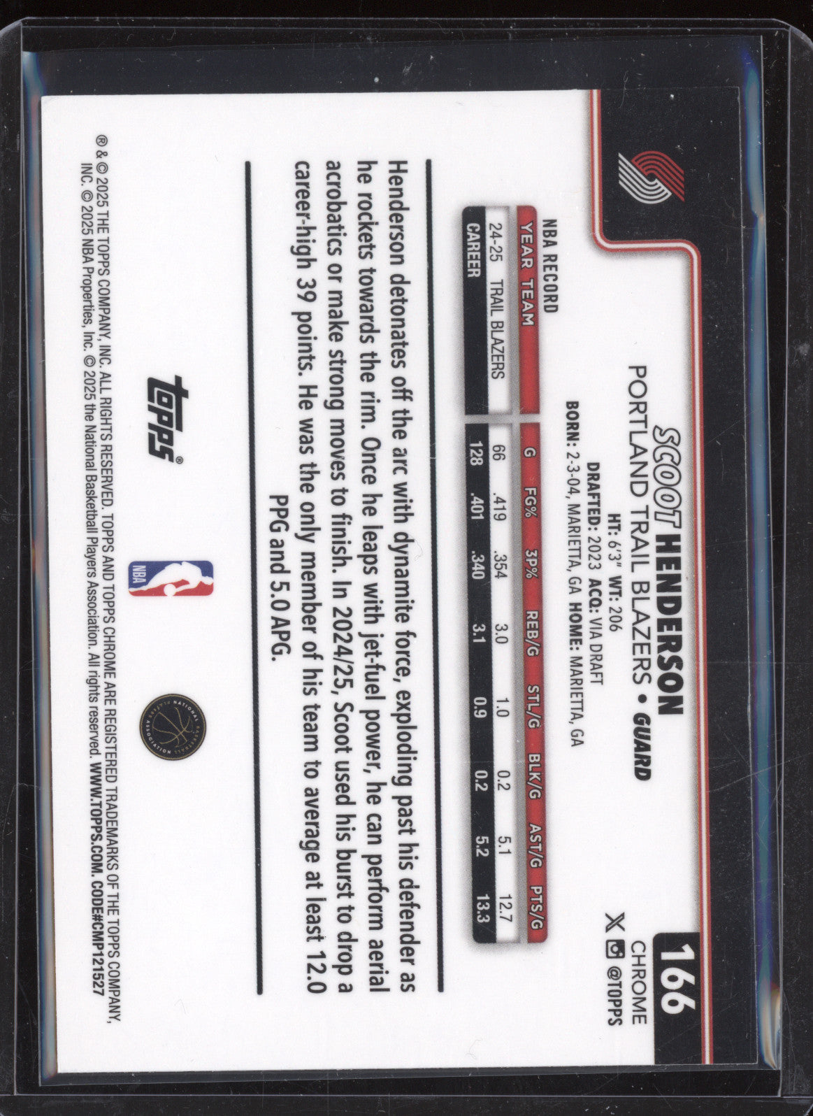 Scoot Henderson 2025-26 Topps Chrome 166 Refractors Green Wave /99