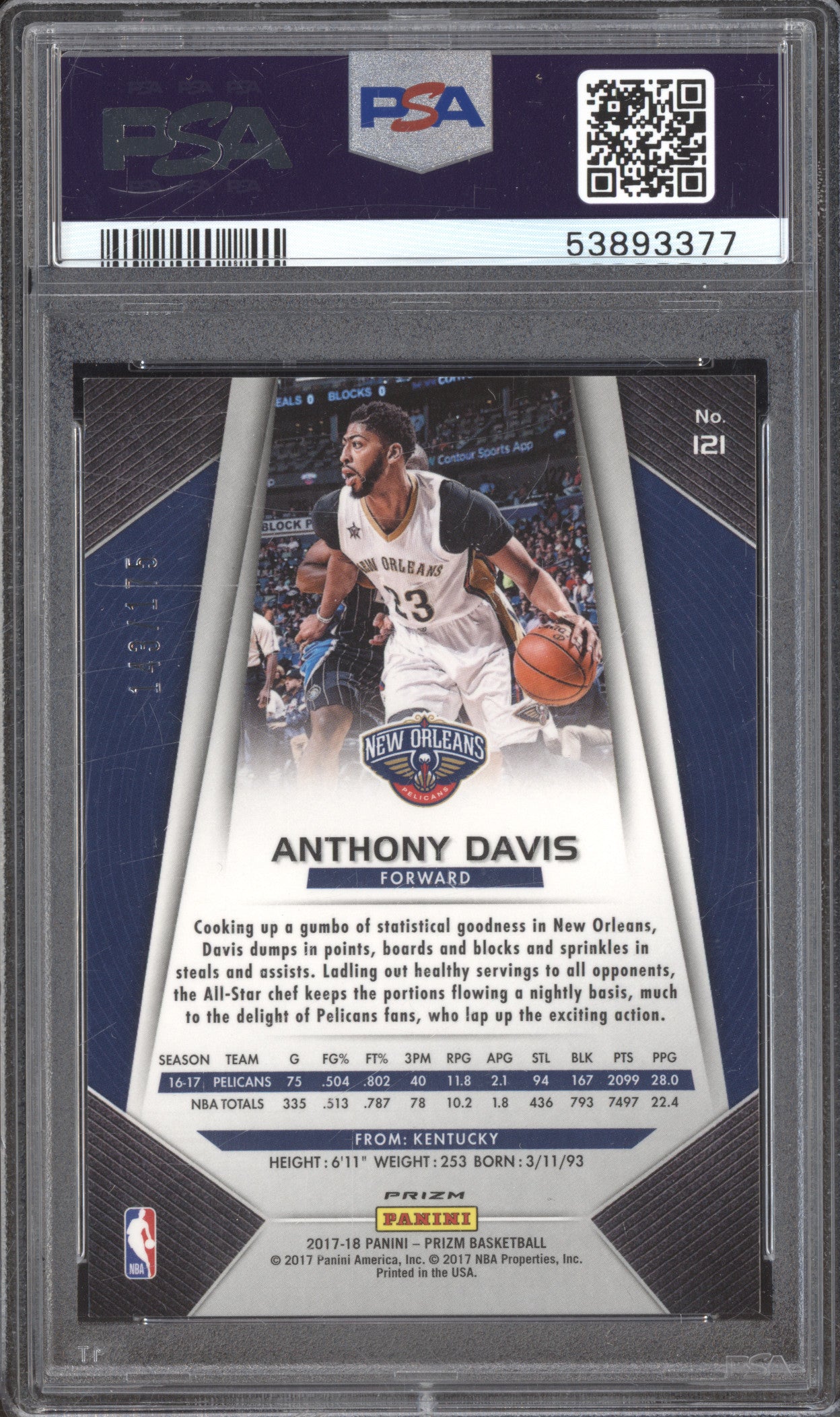 Anthony Davis 2017-18 Panini Prizm 121 Fast Break Blue 148/175 PSA 8