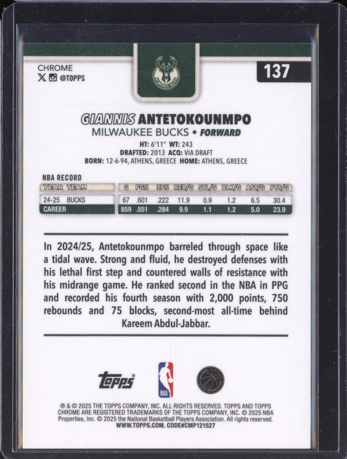 Giannis Antetokounmpo 2025-26 Topps Chrome 137 Gold /50