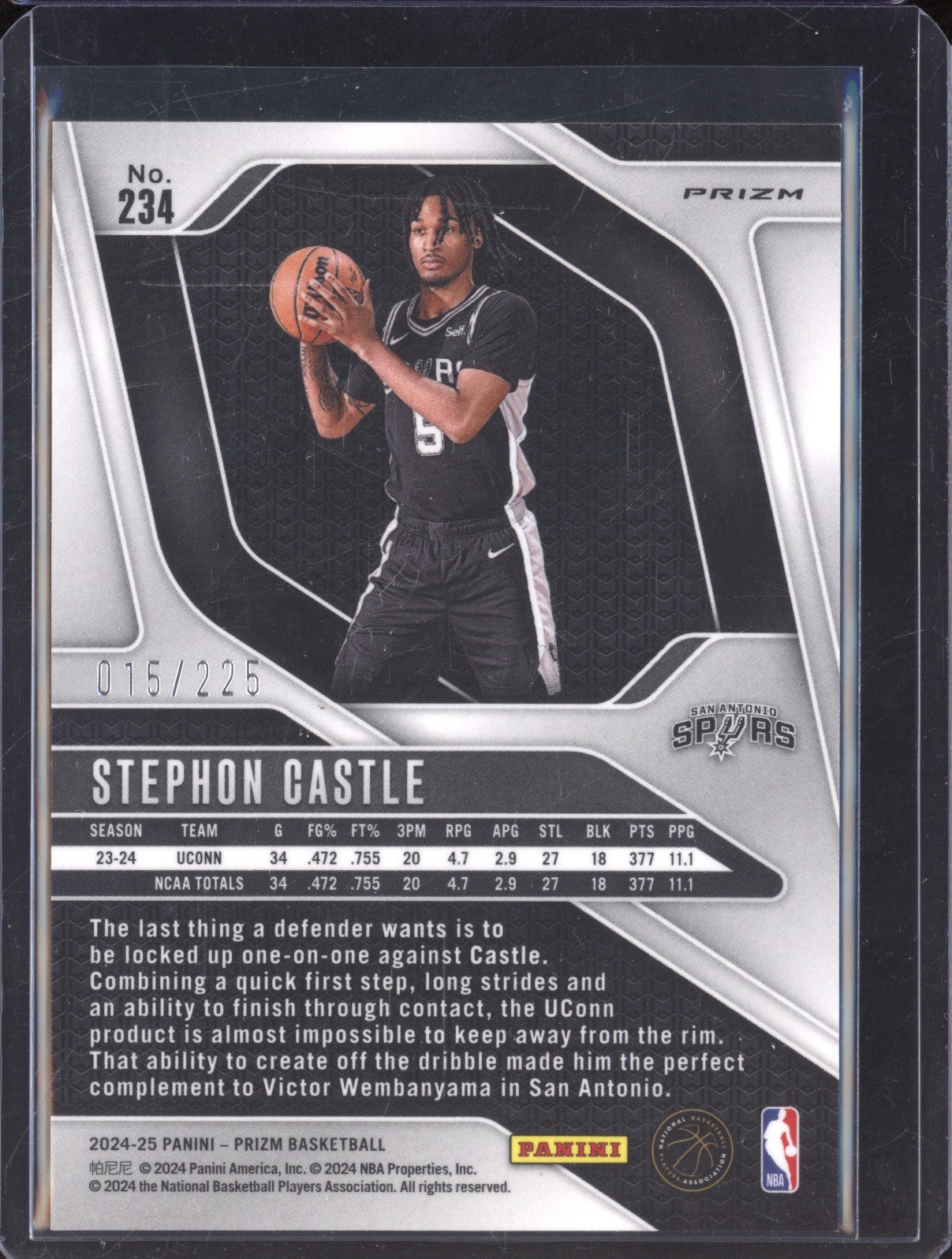 2024-25 Panini Prizm 234 Stephon Castle Basketball Prizms RC 015/225