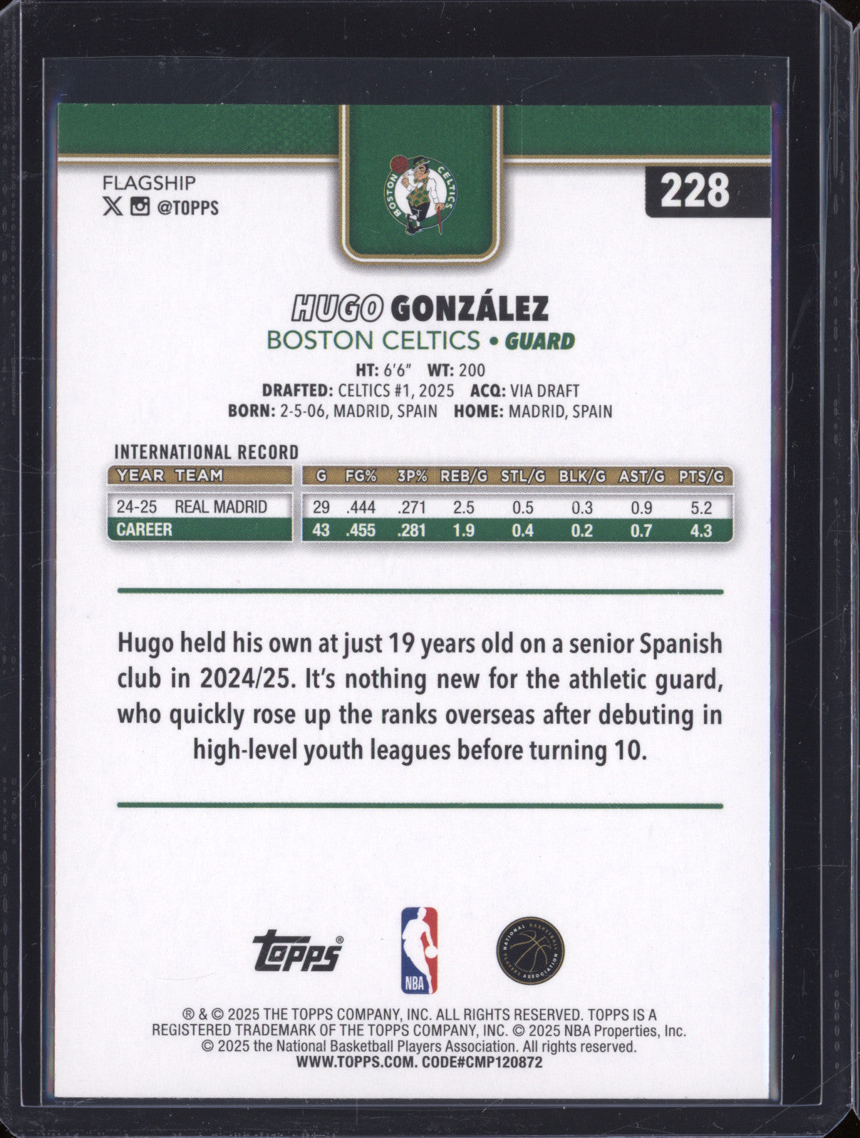 2025 NBA Basketball Topps 228 Hugo Gonzalez Sandglitter Rookie RC