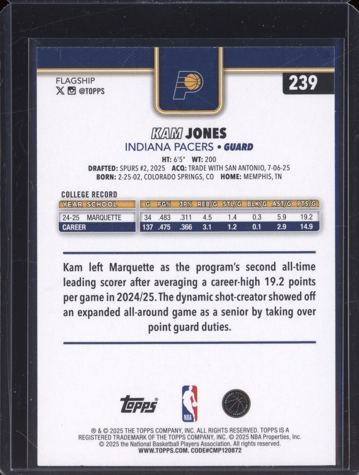 2025 NBA Basketball Topps 239 Kam Jones Sandglitter Rookie RC