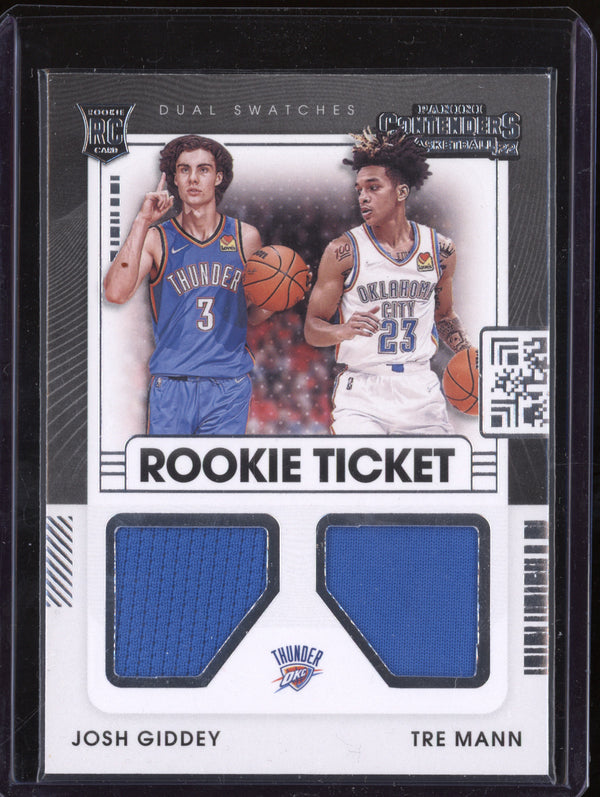 Josh Giddey Tre Mann 2021-22 Panini Contenders RT2-OKC Rookie Ticket Dual Swatches RC