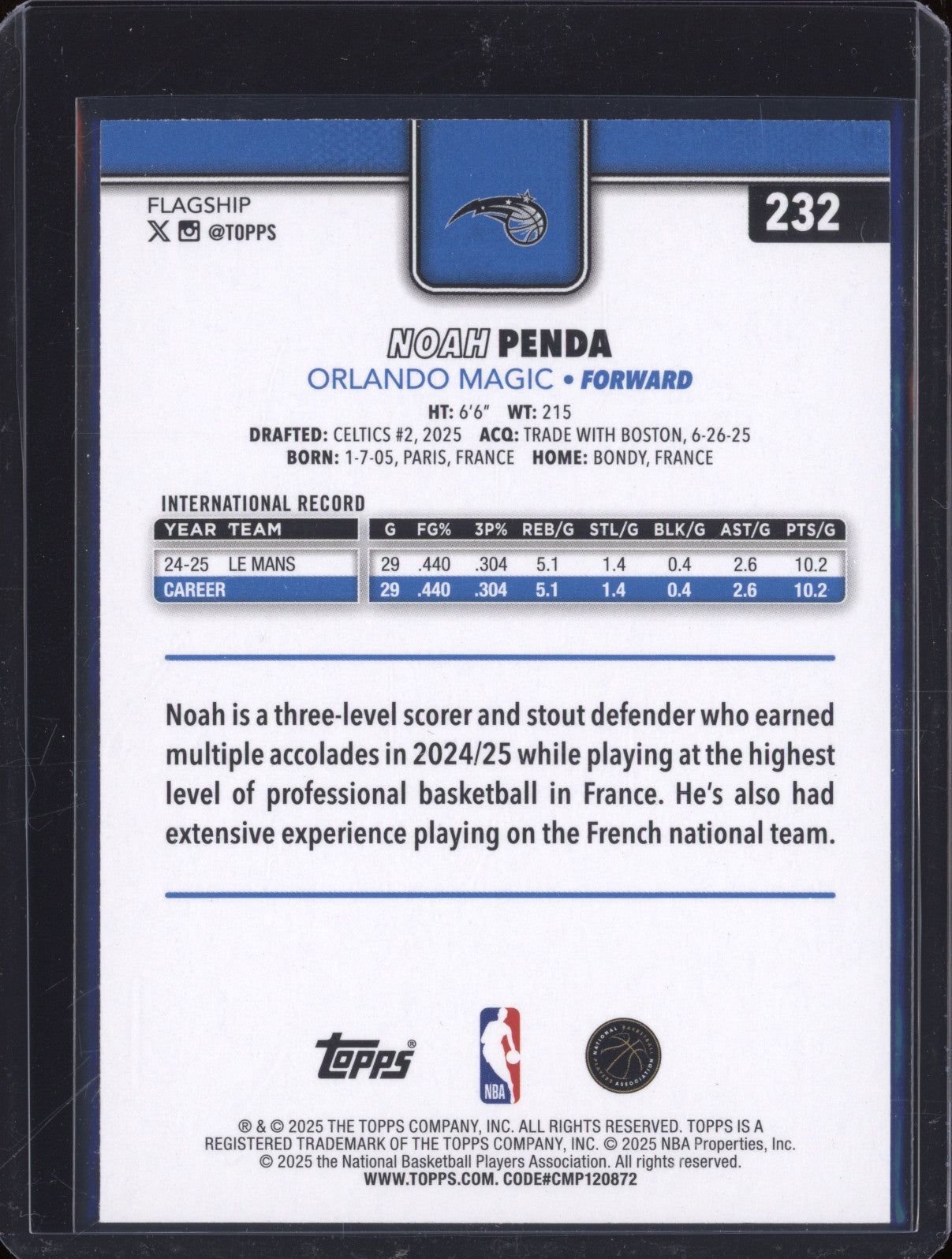 2025 NBA Basketball Topps 232 Noah Penda Rainbow Foilboard Silver Rookie RC