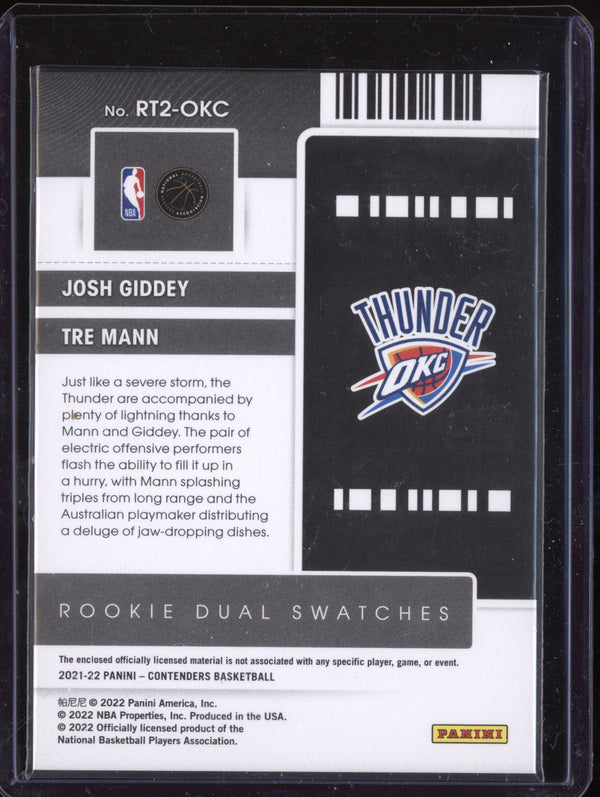 Josh Giddey Tre Mann 2021-22 Panini Contenders RT2-OKC Rookie Ticket Dual Swatches RC