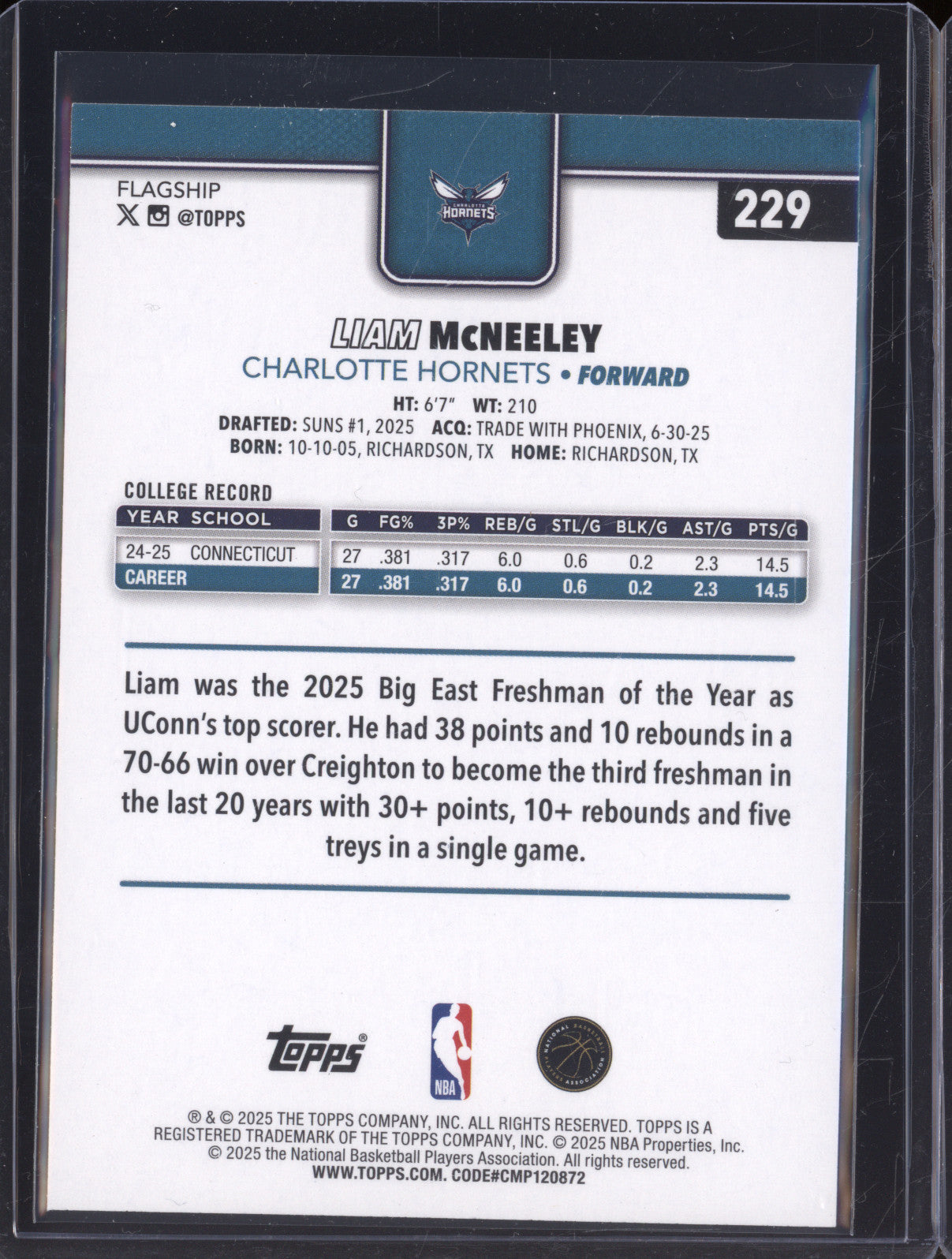 2025 NBA Basketball Topps 229 Liam McNeeley Rainbow Foilboard Holo Rookie RC