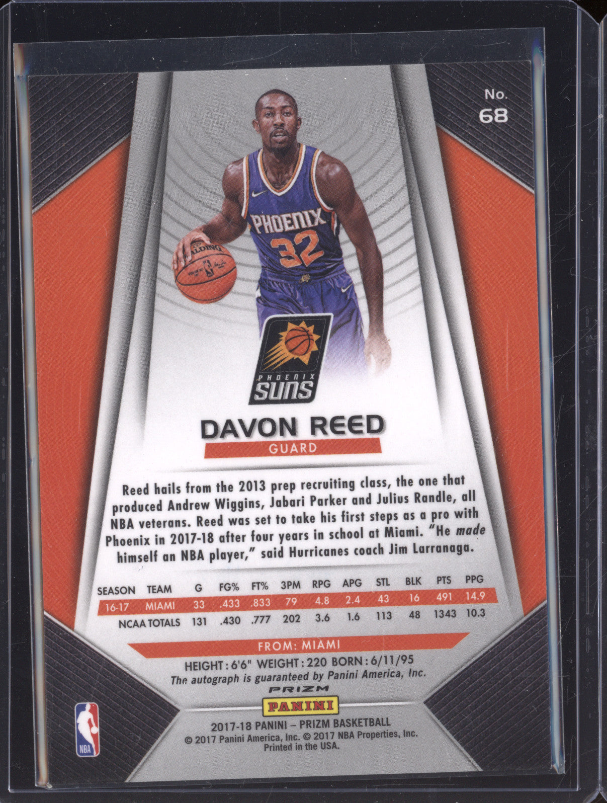 2017-18 Panini Prizm 68 Davon Reed Silver Prizm Rookie Auto RC