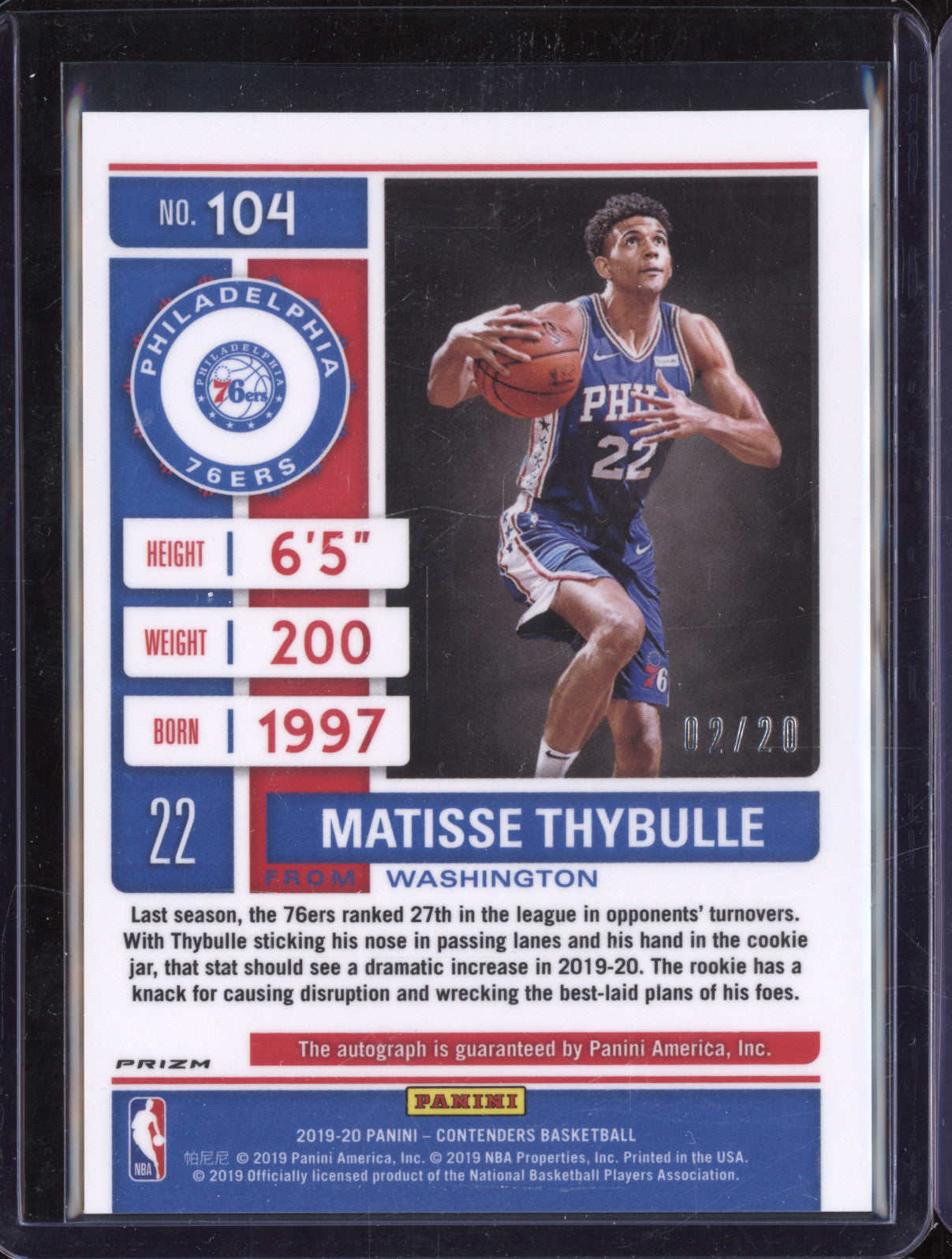 2020-21 Panini Contenders 104 Matisse Thybulle Blue Shimmer Rookie Auto 02/20 RC