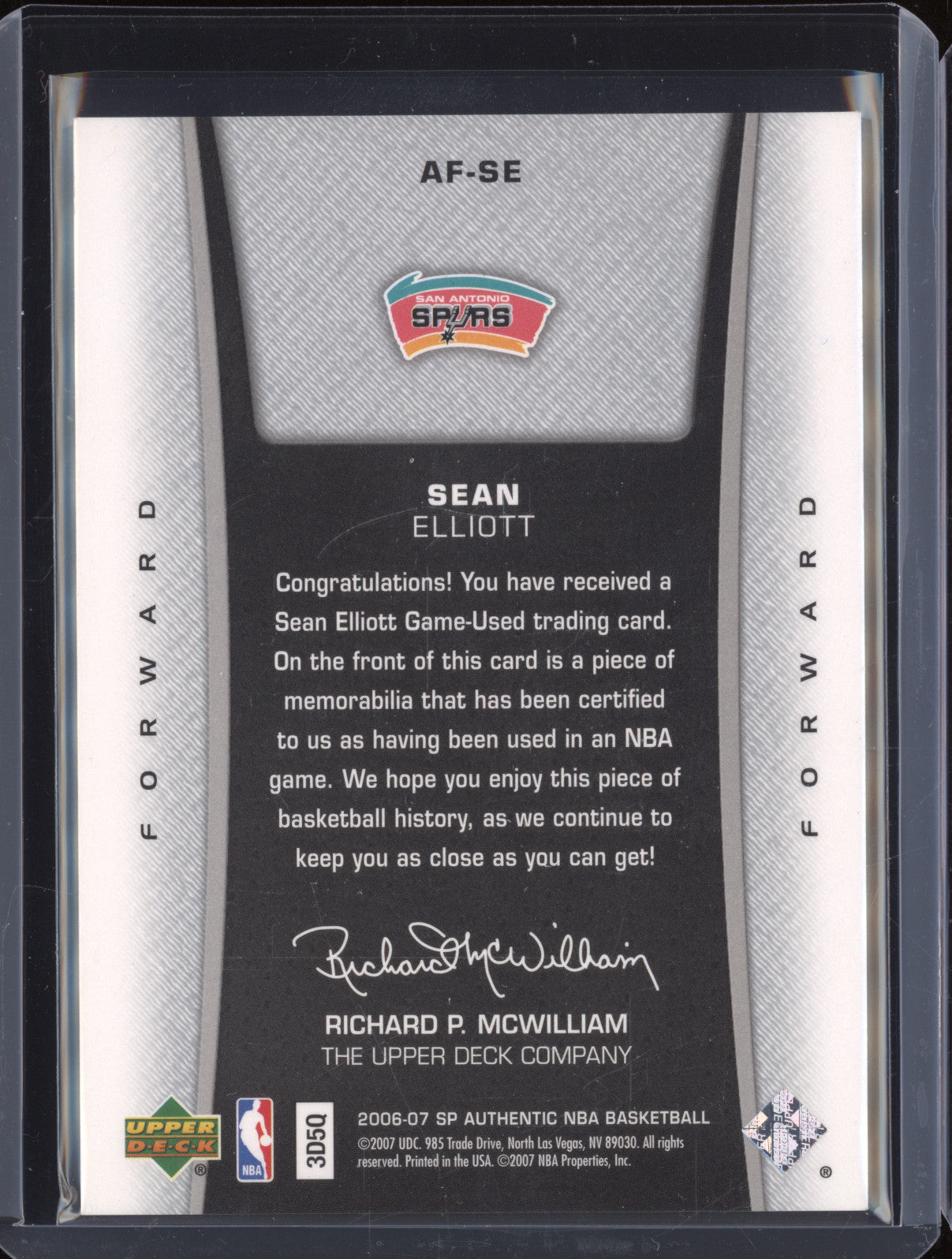 Sean Elliott 2006-07 Upper Deck SP Authentic AF-SE Authentic Fabric