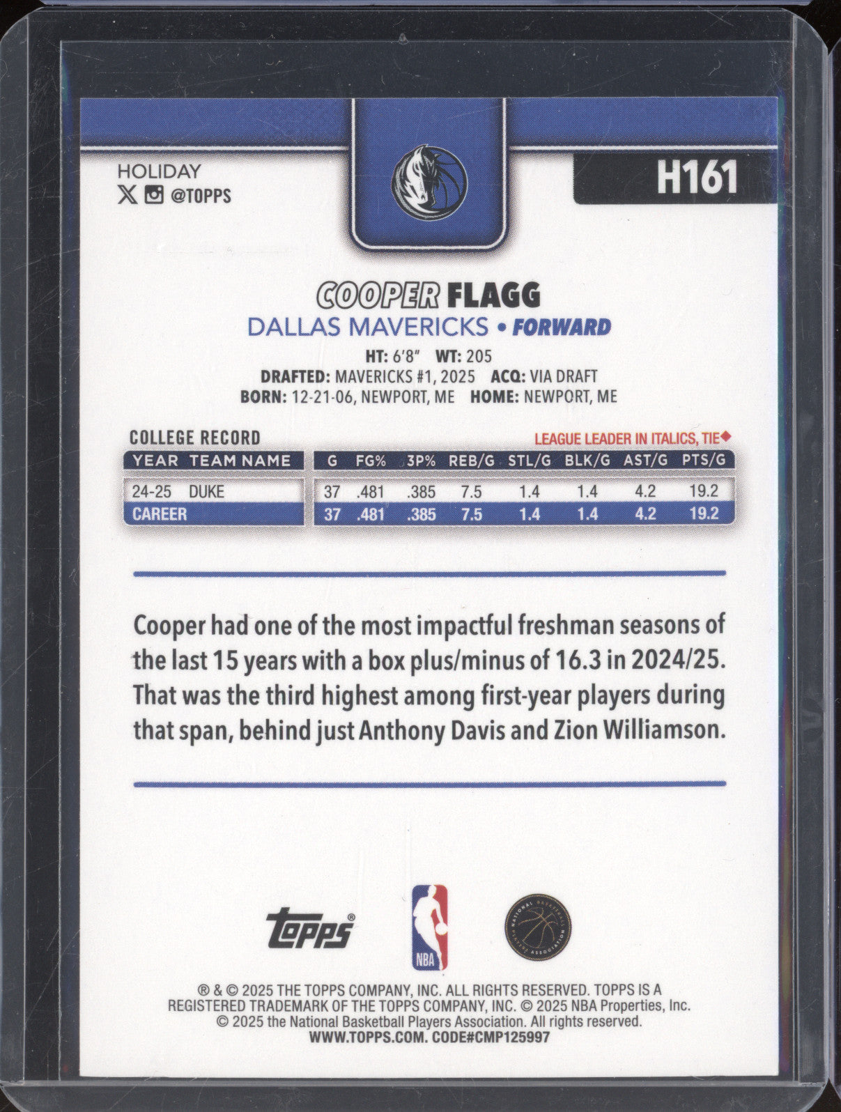 Cooper Flagg 2025-26 Topps Holiday H161 RC