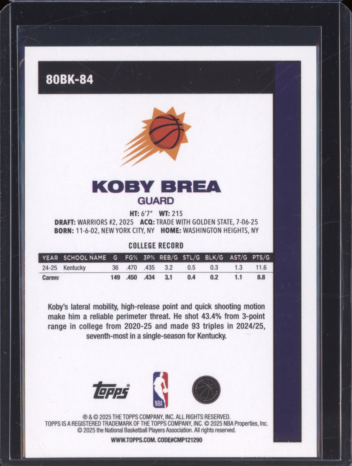 2025 NBA Basketball Topps 80BK-84 Koby Brea 1980-81 Rookie RC