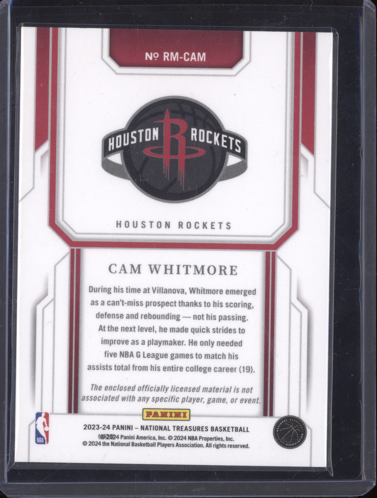 2023-24 Panini National Treasures RM-CAM Cam Whitmore Rookie Materials 93/99 RC