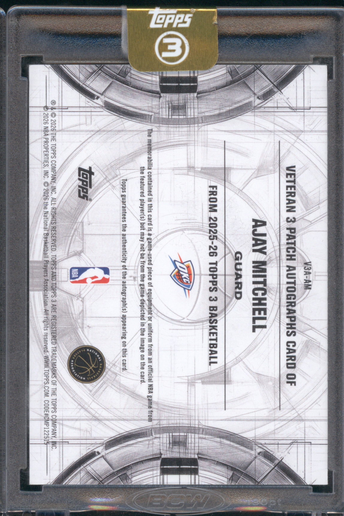 Ajay Mitchell 2025-26 Topps 3 V3A-AM Veteran 3 Patch Autographs Gold /10