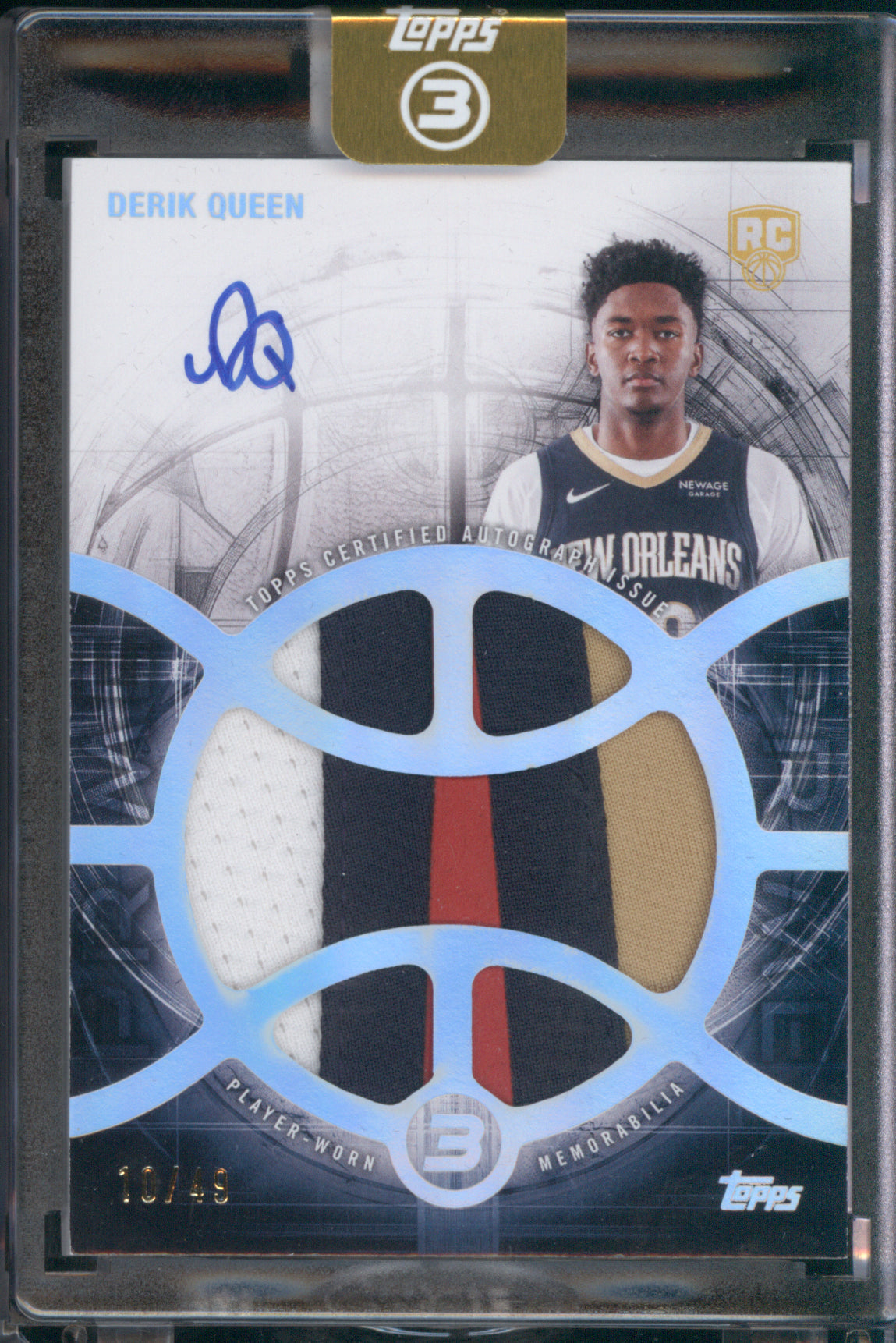 Derik Queen 2025-26 Topps 3 Rookie Relic Autographs Prime Auto RC /49