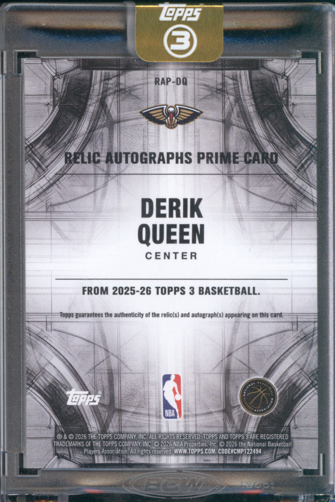 Derik Queen 2025-26 Topps 3 Rookie Relic Autographs Prime Auto RC /49