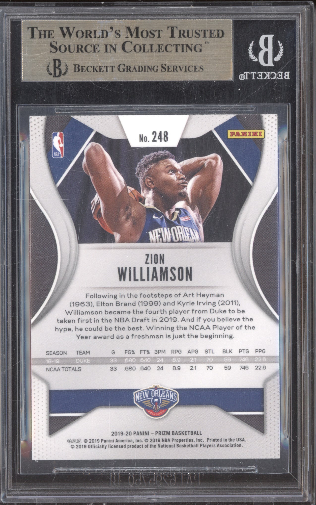 Zion Williamson 2019-20 Panini Prizm 248 RC BGS 9.5