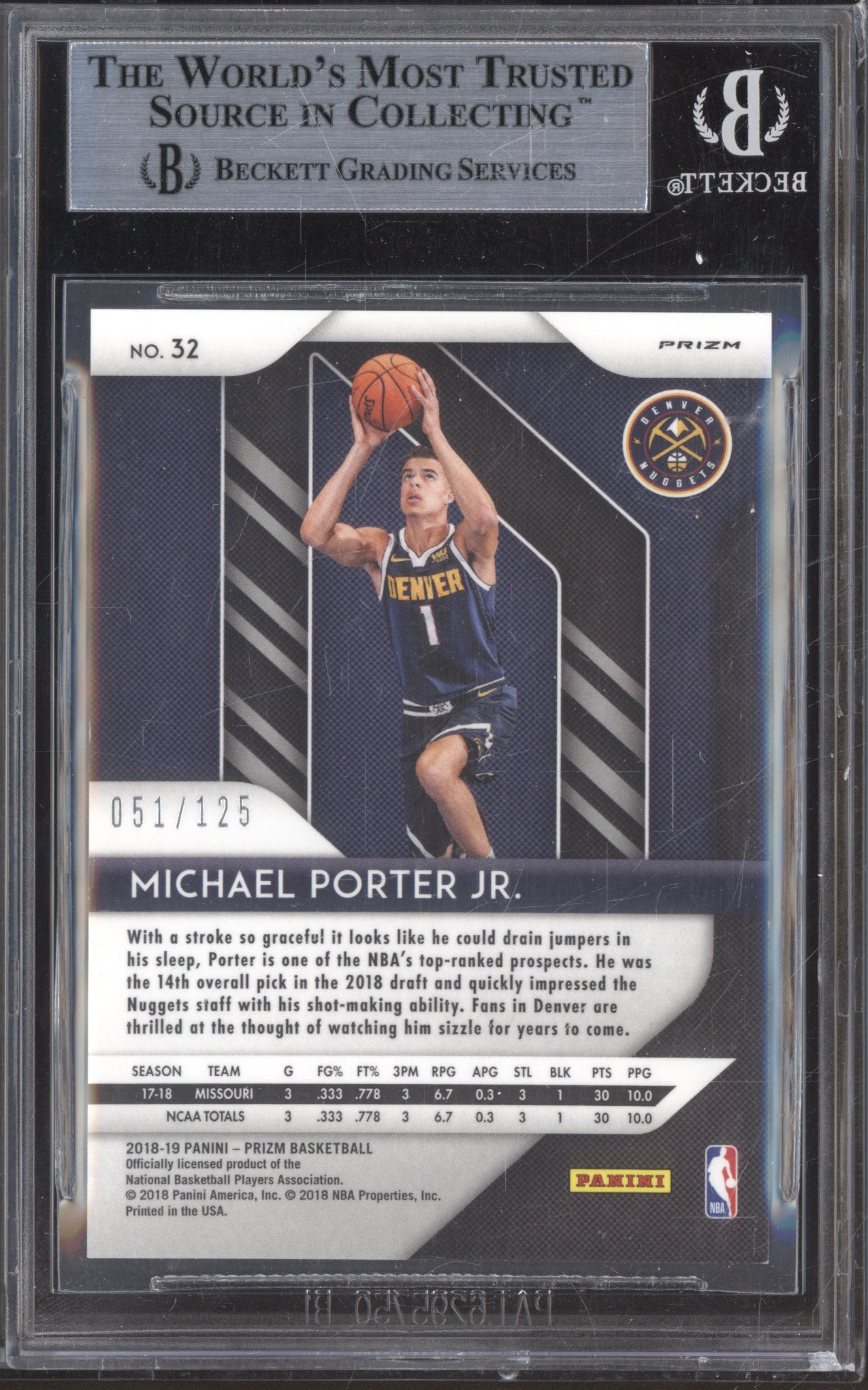 Michael Porter Jr 2018-19 Panini Prizm 32 Fast Break Red RC 51/125 BGS 9