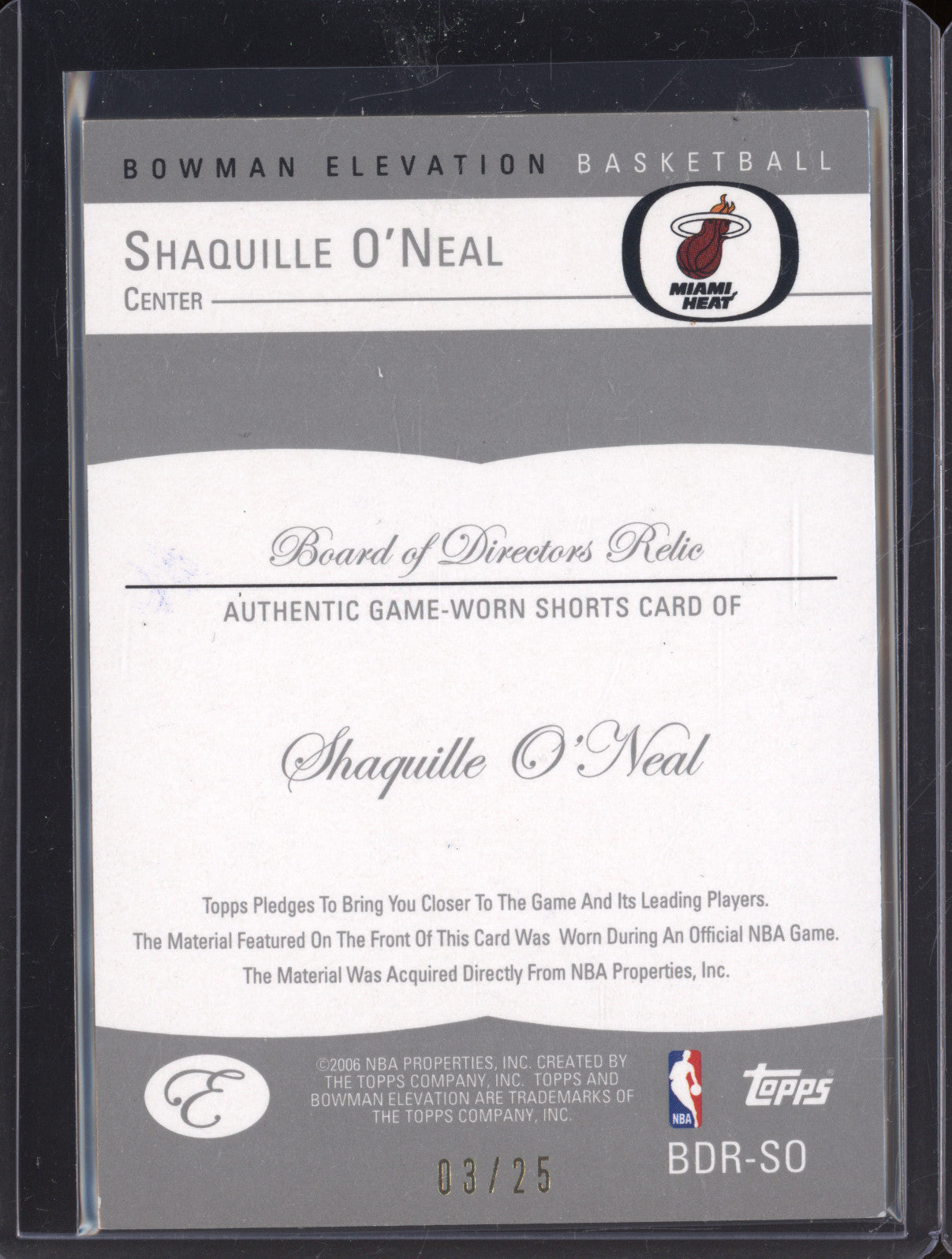 2006 Topps Bowman Elevation Basketball BDR-SO Shaquille O'Neal Relic 03/25