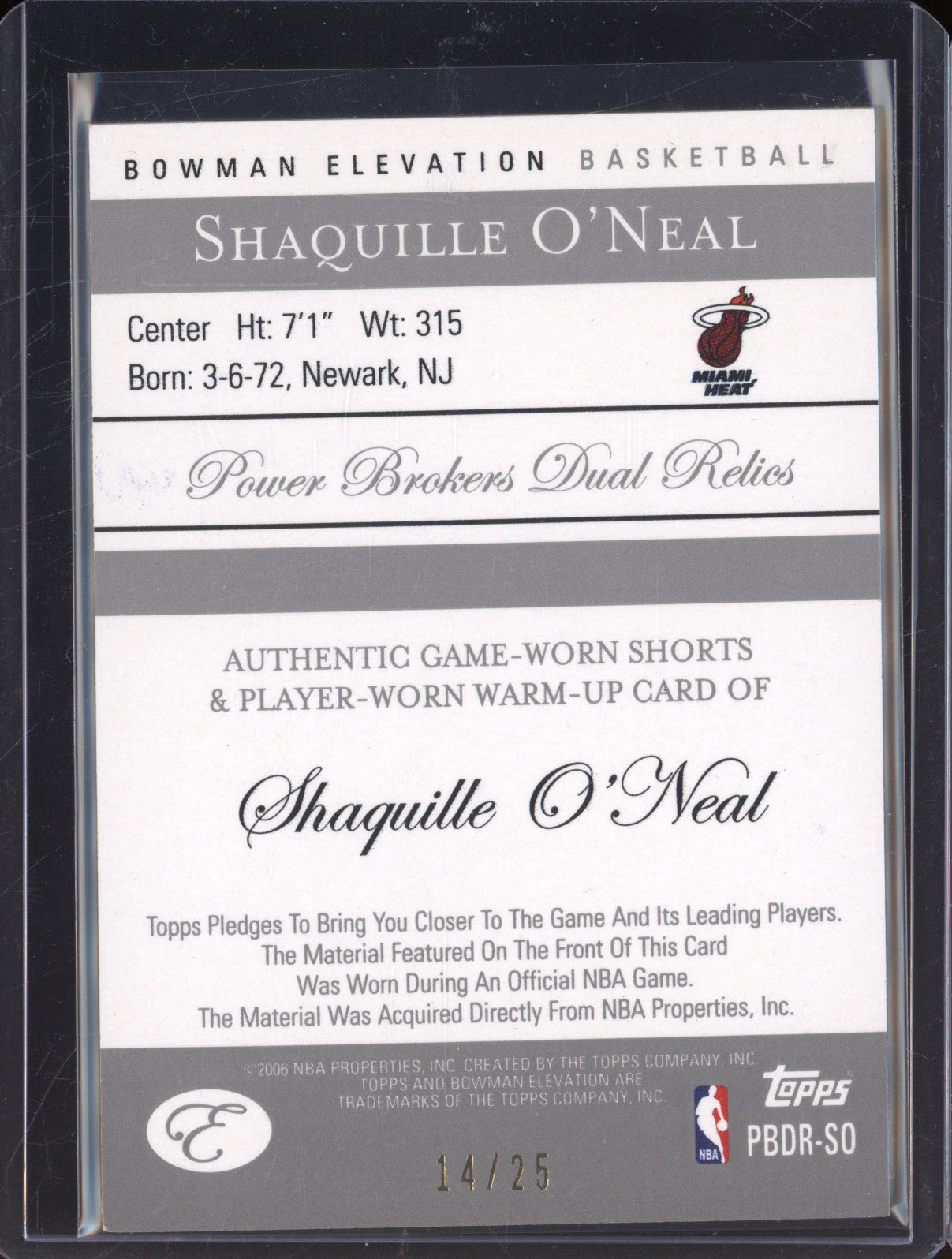 2006 Topps Bowman Elevation Basketball BPDR-SO Shaquille O'Neal Dual Relic 14/25