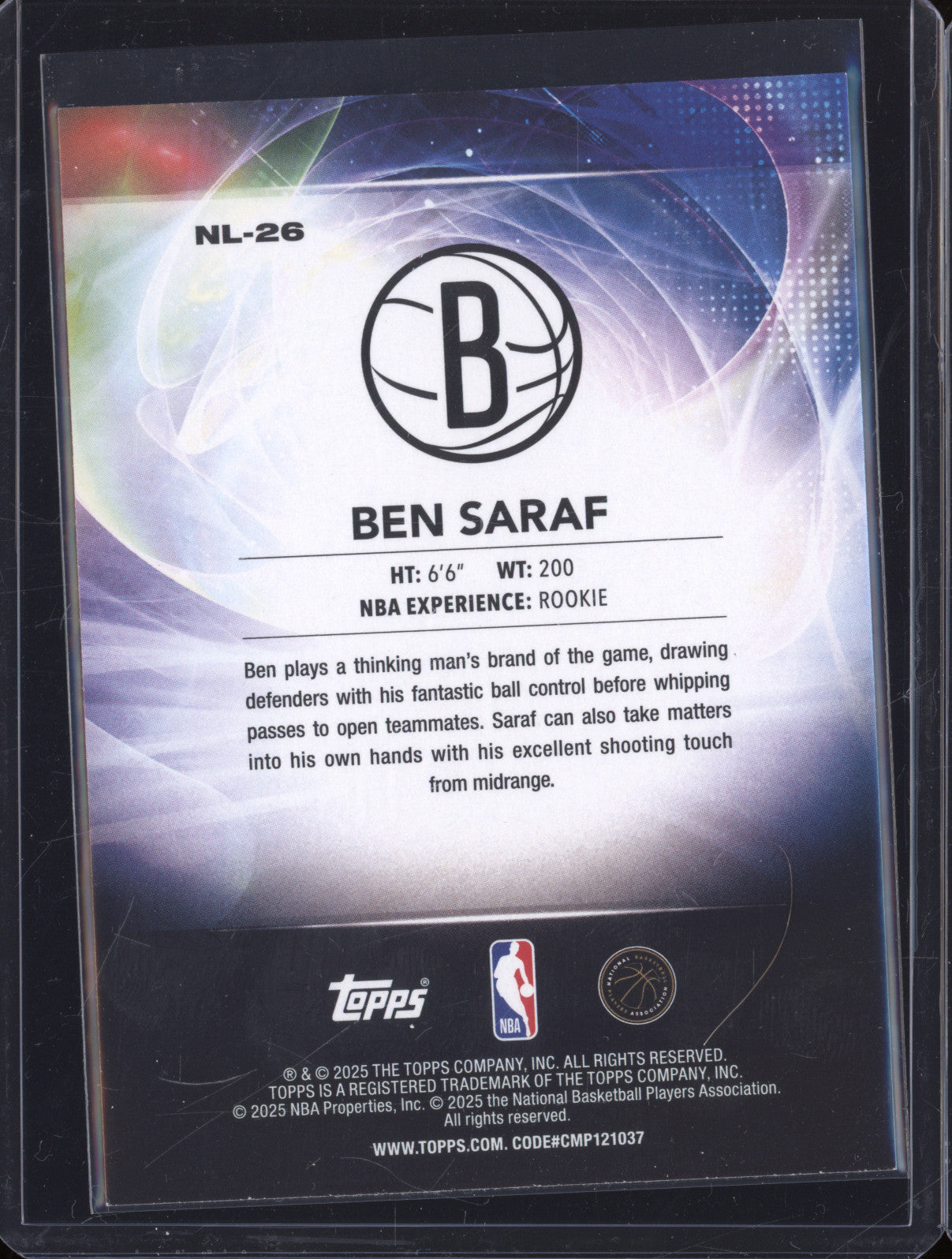 2025 NBA Basketball Topps NL-26 Ben Saraf No Limit Rainbow Foilboard Rookie RC