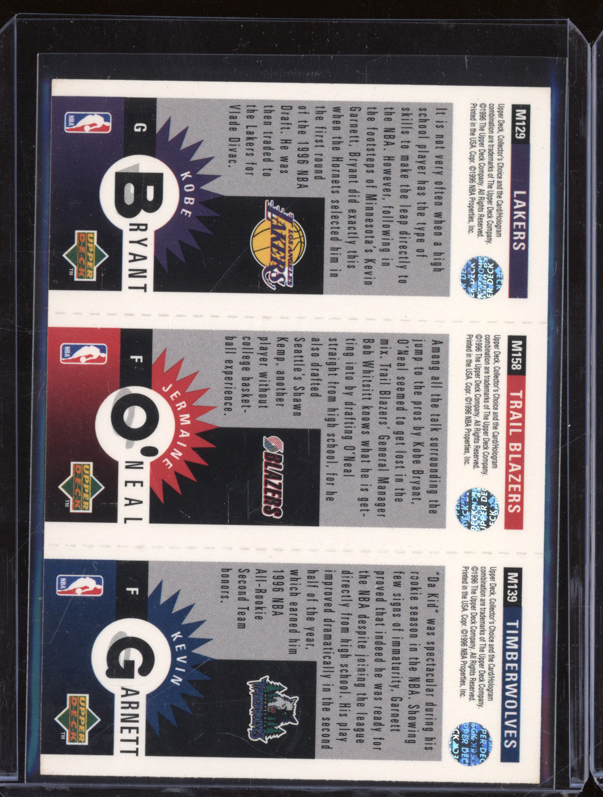 Kobe Bryant, O'Neal, Garnett 1996 Upper Deck Collector's Choice M129