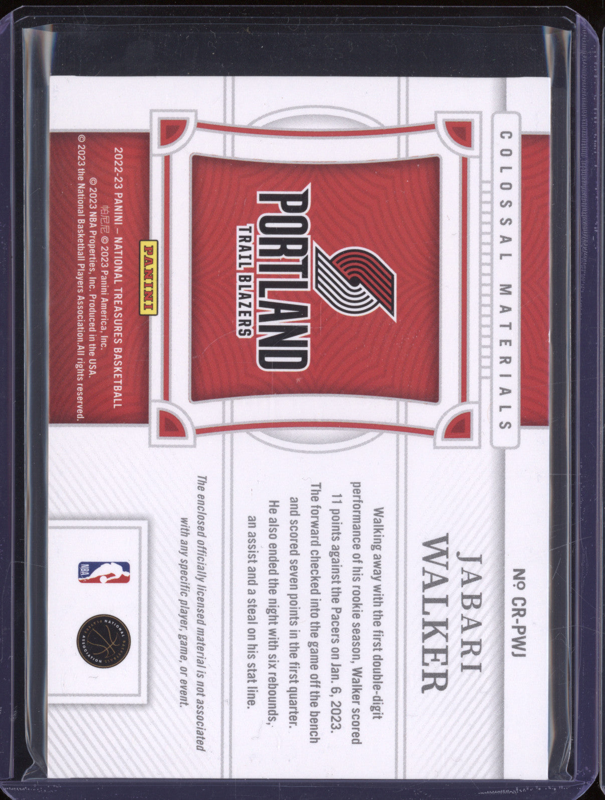 Jabari Walker 2022-23 Panini National Treasures CR-PWJ Colossal RC 7/25