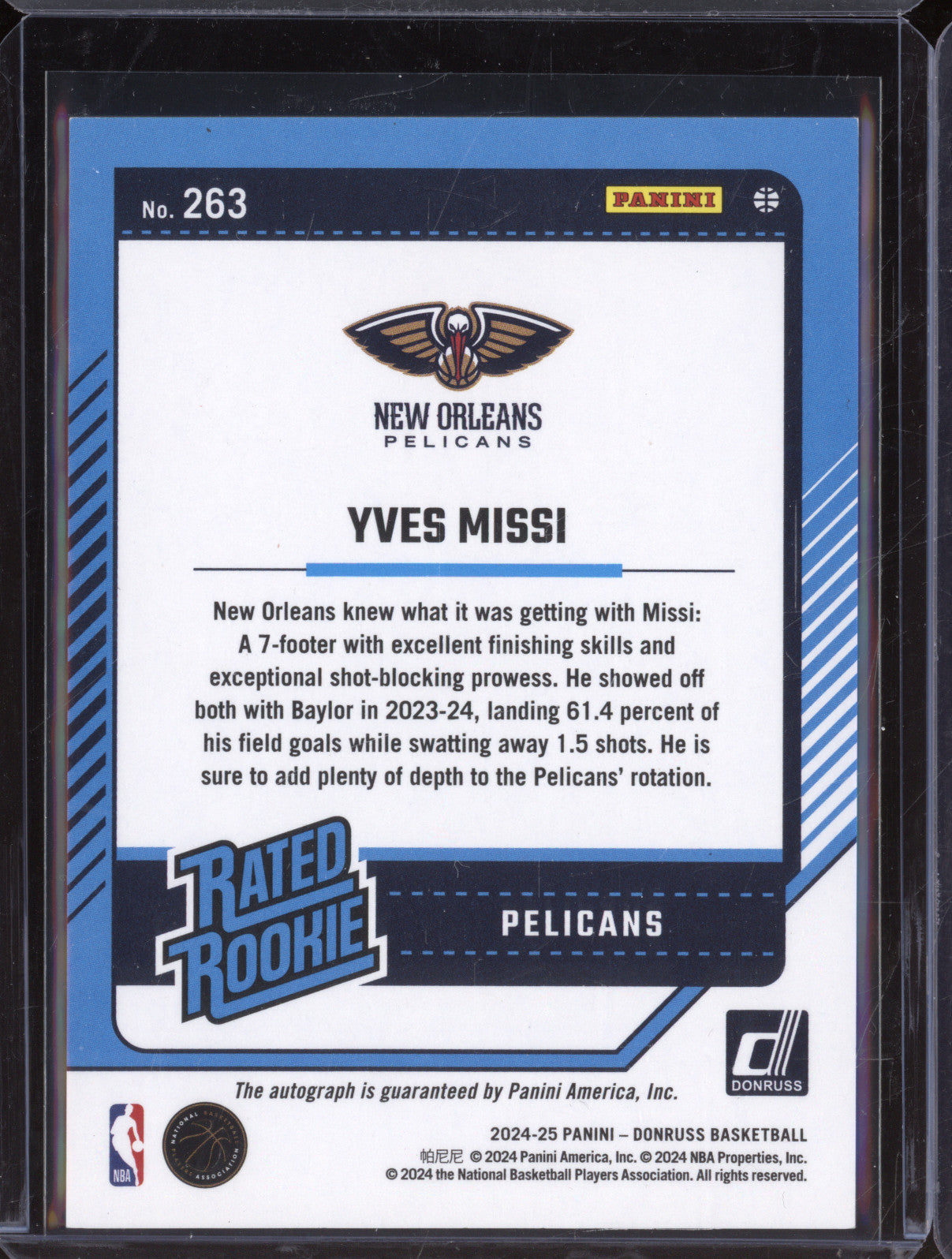 Yves Missi 2024-25 Panini Donruss 263 Rated Rookie Blue Choice Auto /49