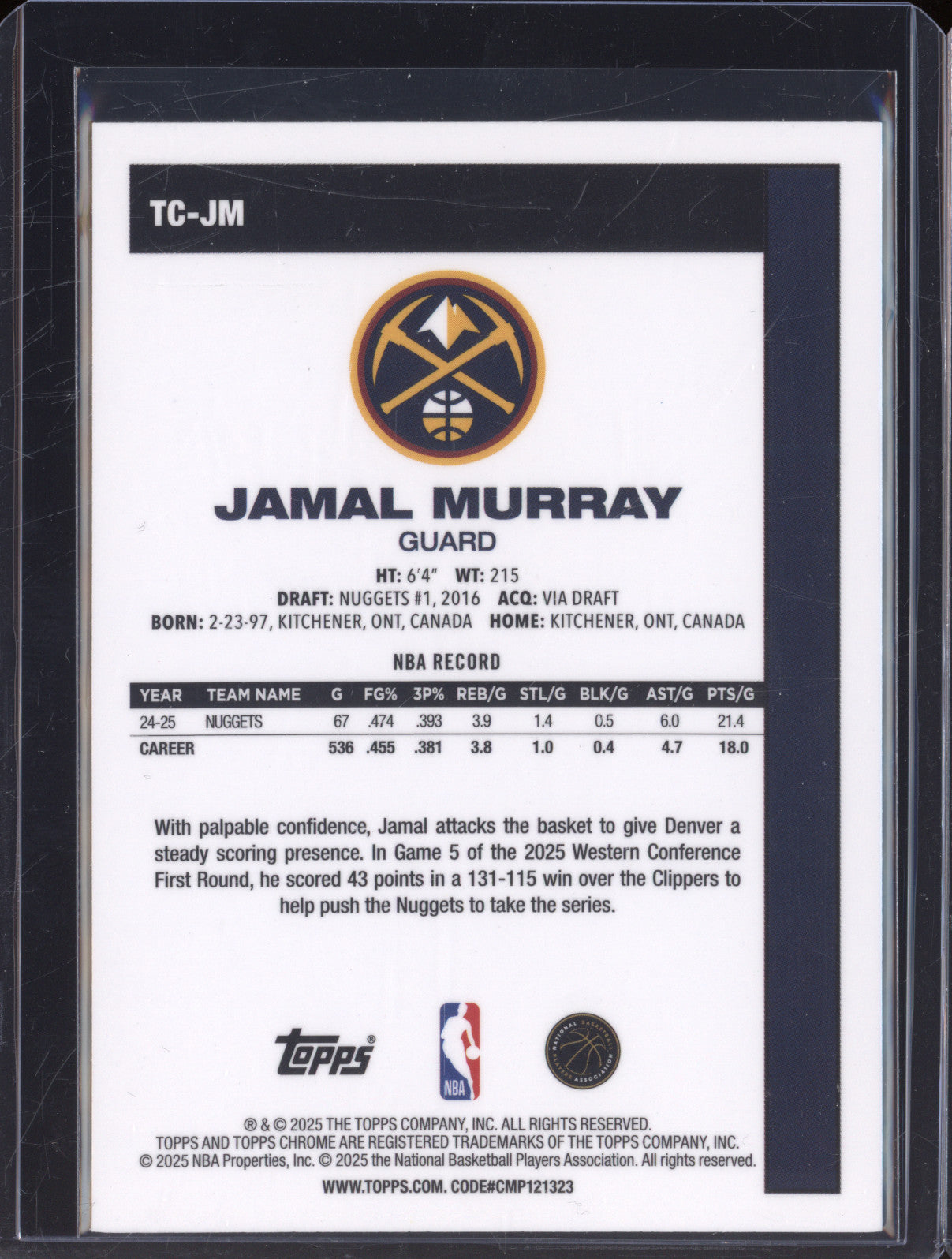 2025 NBA Basketball Topps Jamal Murray TC-JM 1980 Chrome Blue Mojo /150