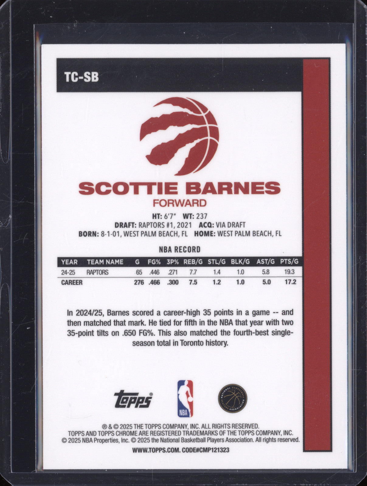 2025 NBA Basketball Topps Scottie Barnes TC-SB 1980 Chrome Aqua Mojo /199