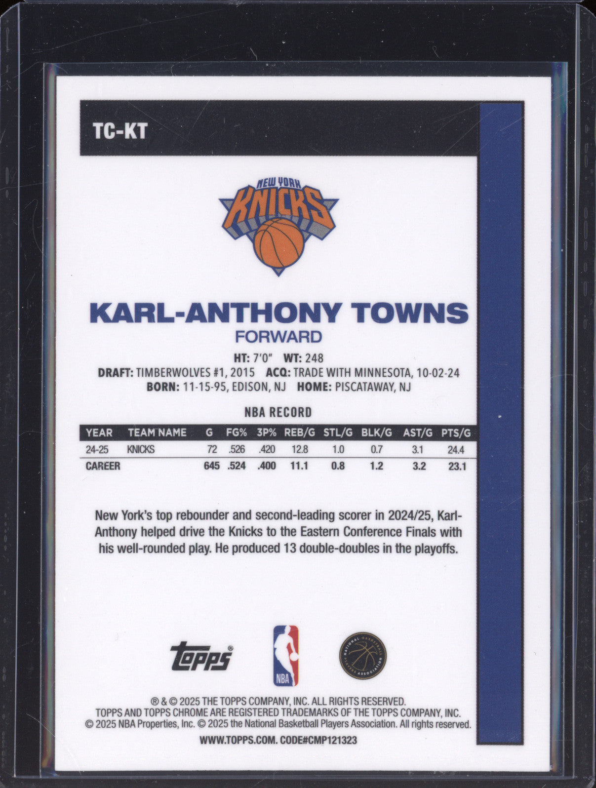 2025 NBA Basketball Topps Karl Anthony-Towns TC-KT 1980 Chrome Aqua Mojo /199
