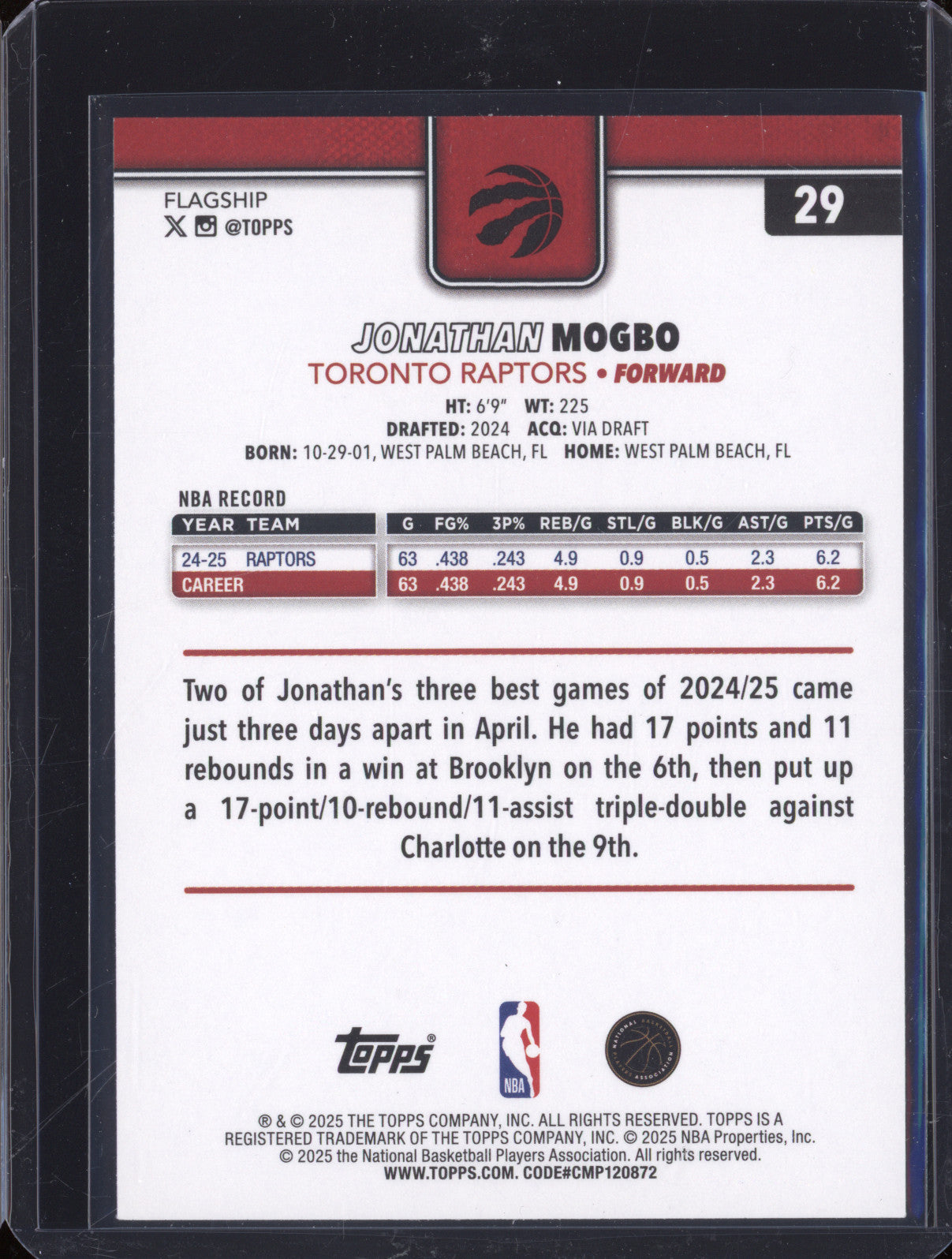 2025 NBA Basketball Topps 1 29 Jonathan Mogbo Purple Rainbow Foil 048/250