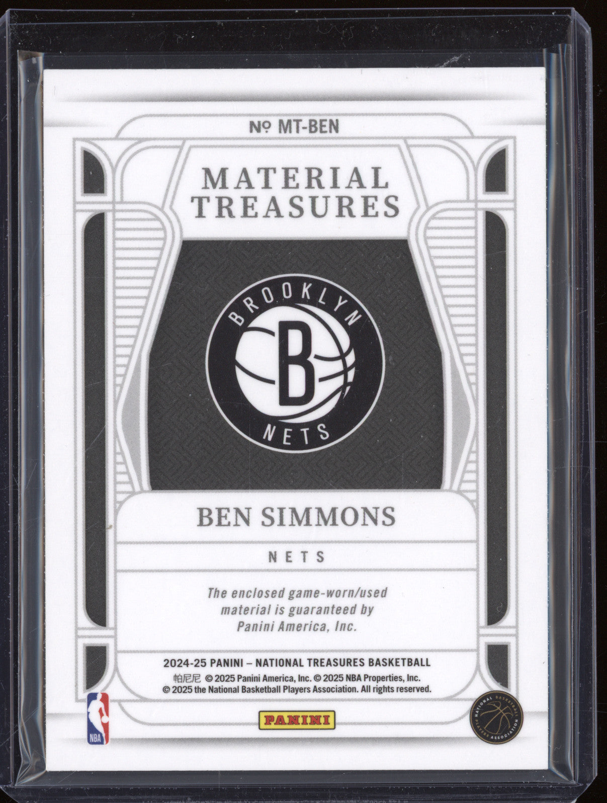 2024-25 Panini National Treasures MT-BEN Ben Simmons Material Treasures 1/1