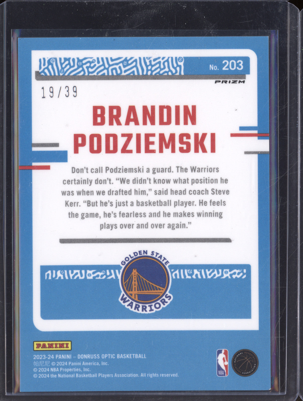 2023-24 Panini Donruss Optic 203 Brandin Podziemski Black Velocity RC 19/39