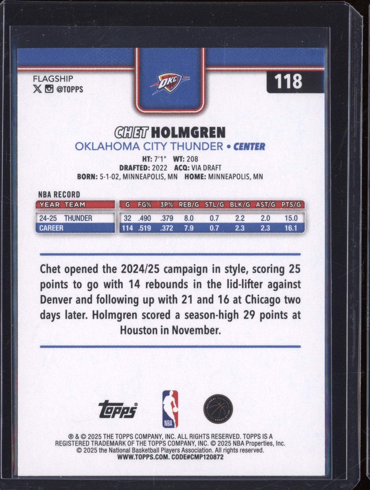 2025 NBA Basketball Topps 118 Chet Holmgren Gold 534/2025