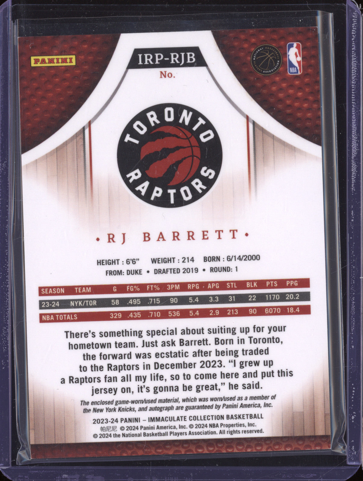 2023-24 Panini Immaculate IRP-RJB RJ Barrett Retro Patch Autographs Gold 01/10