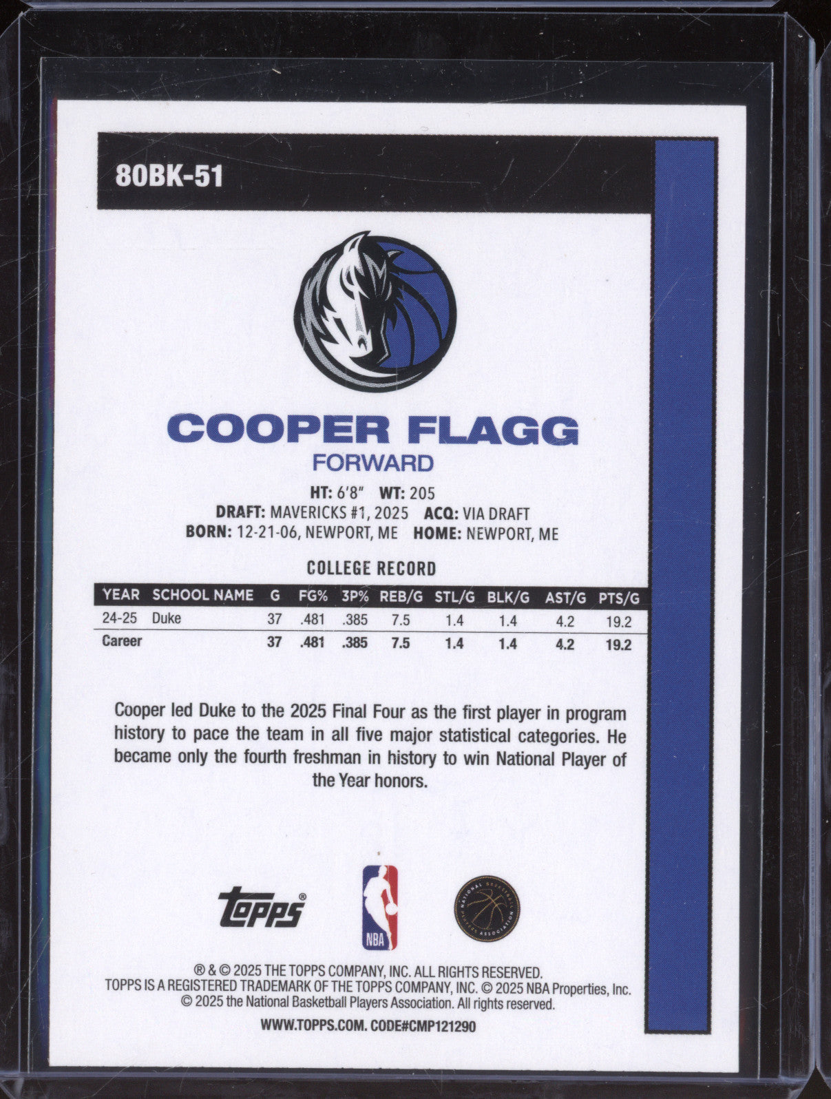 Cooper Flagg 2025-26 Topps 1980-81 Topps Basketball 80BK-51 45th Anniversary RC