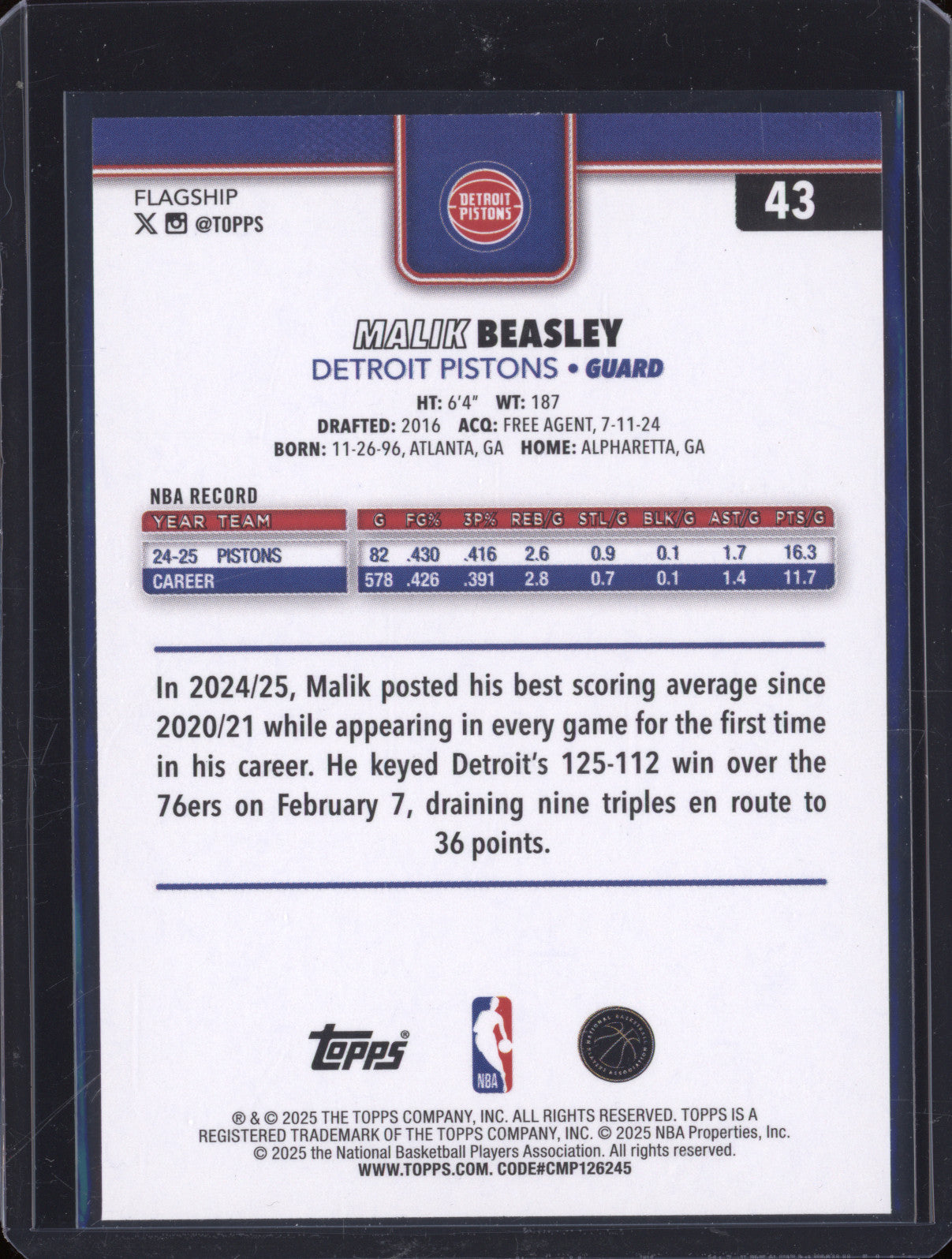 2025 NBA Basketball Topps Malik Beasley 43 Team Colour Border